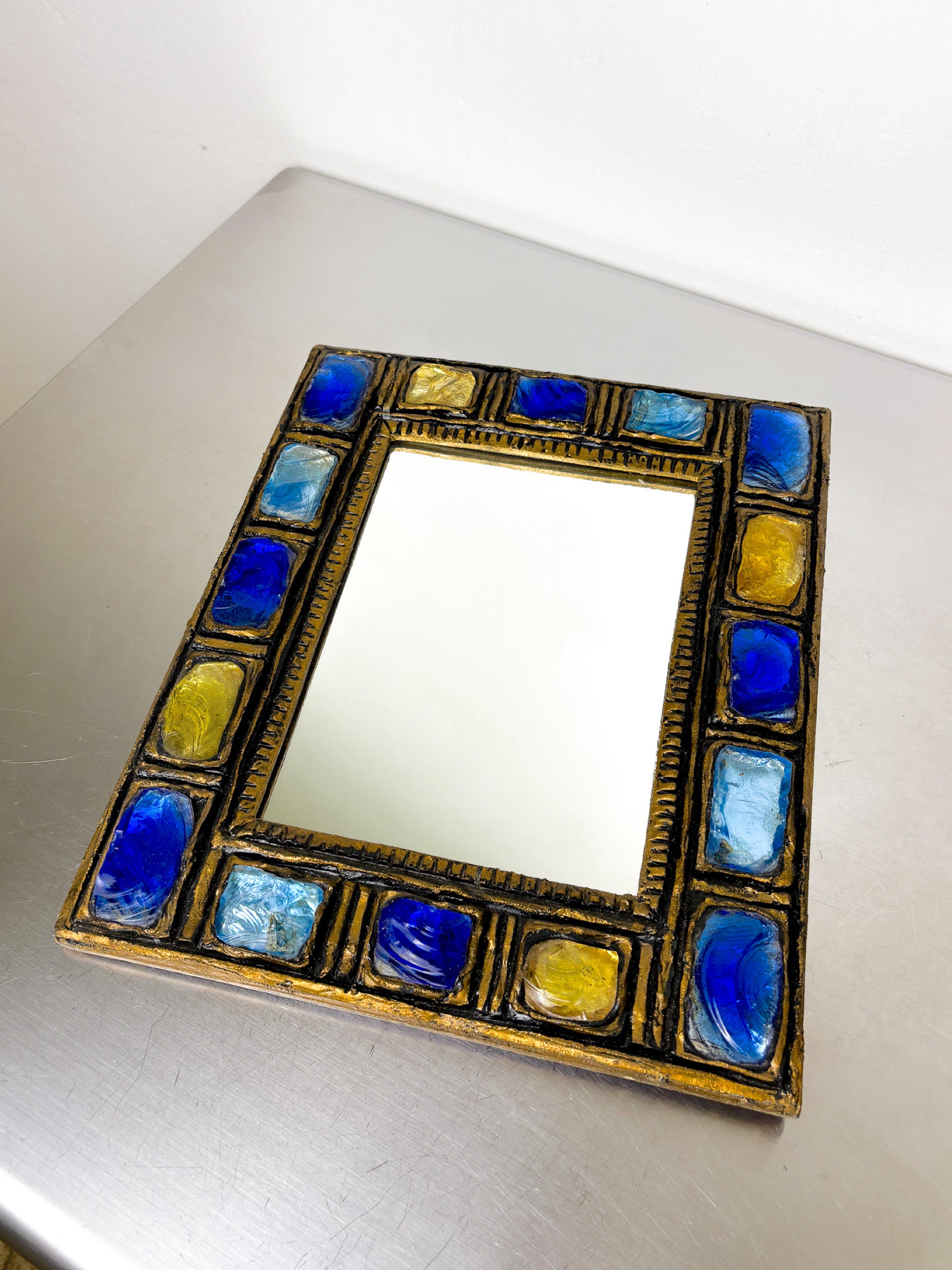 Italian Mid-Century Mirror by Creaciones Gobesso, Blue & Yellow Murano Rock Crystals, Circa 1960's