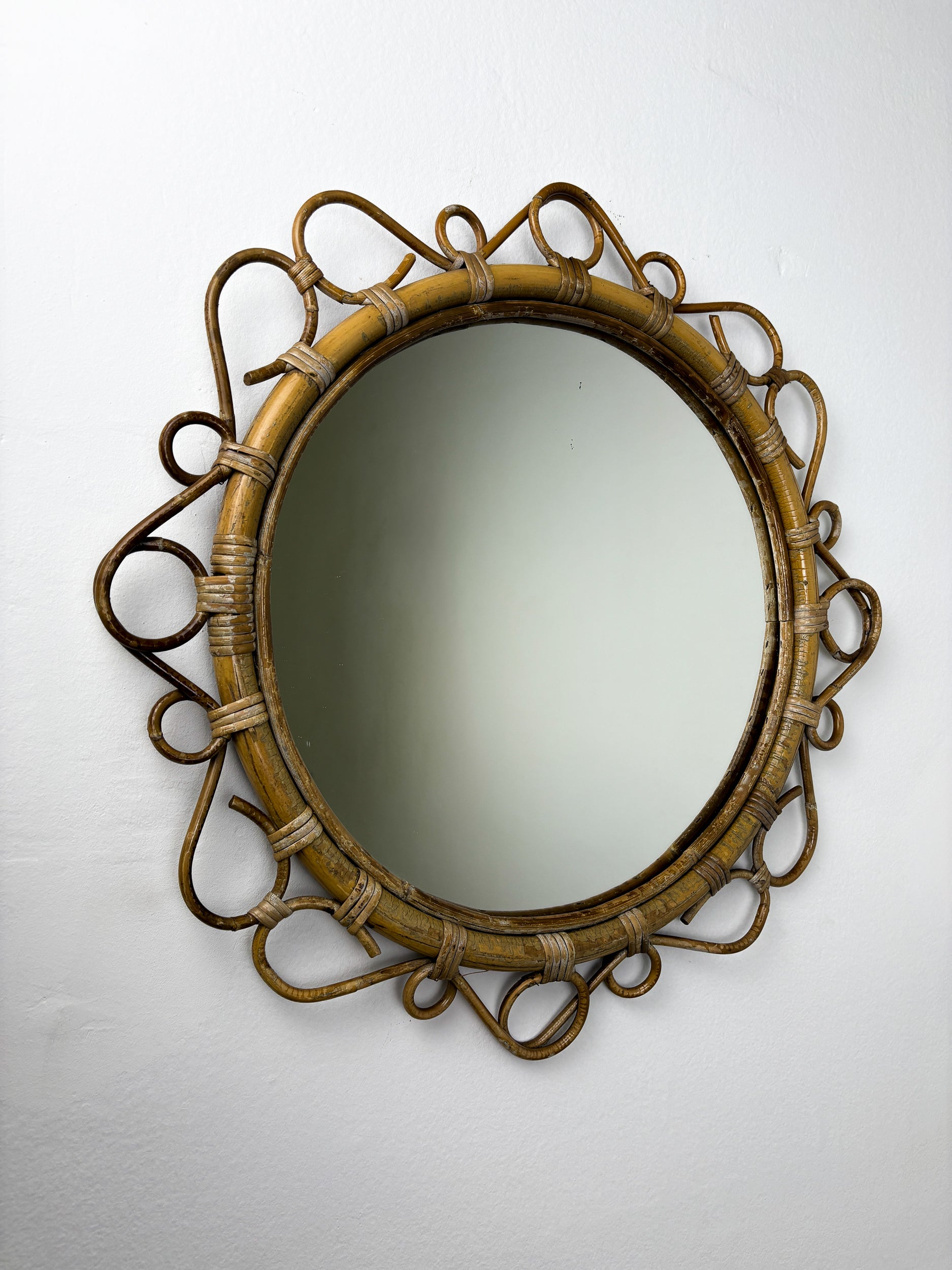 Spanish Rattan Bamboo Oval Mirror, 1960s