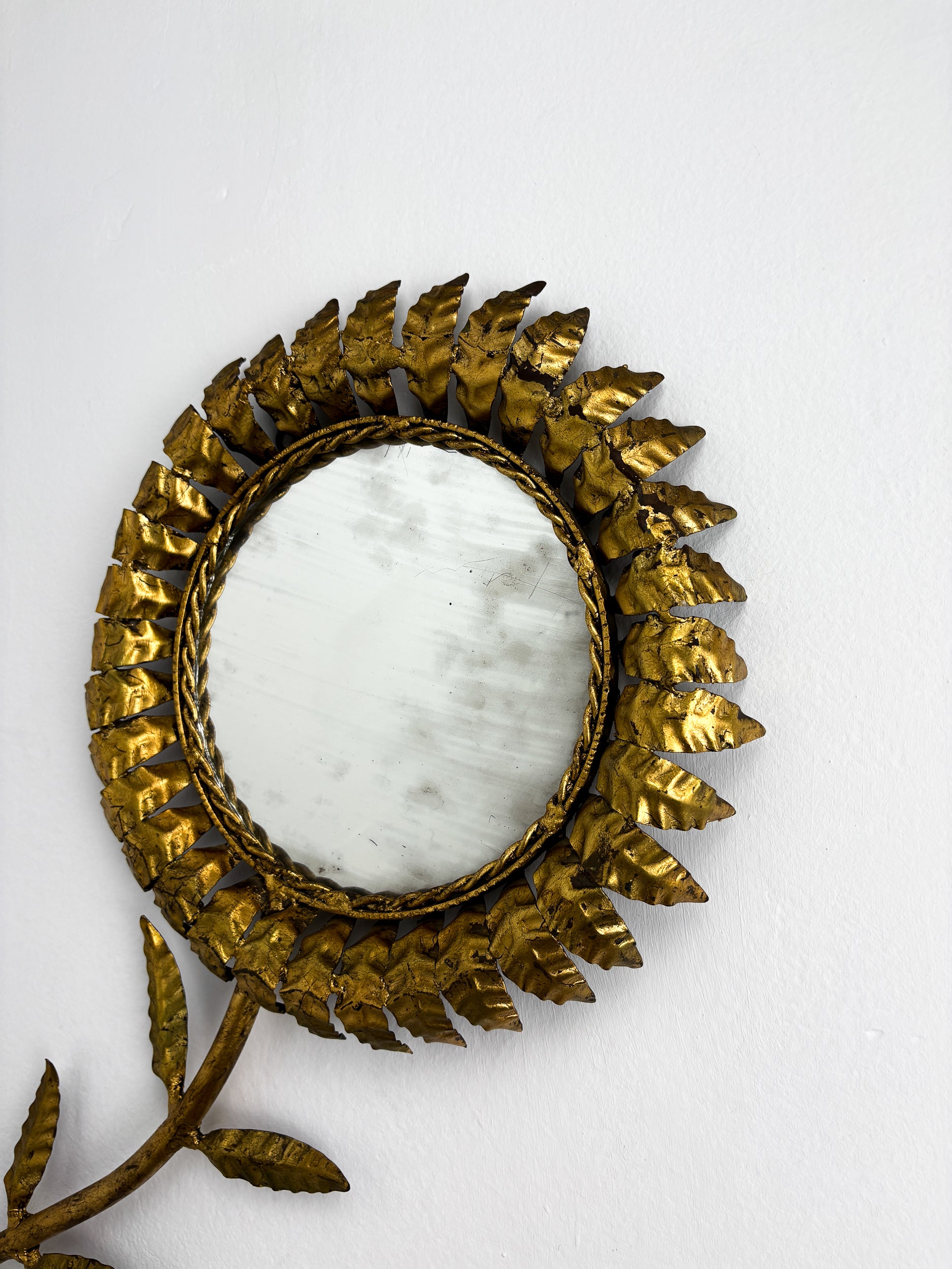 French Sunburst Flower Mirror Wall Decoration, Gilt Iron, 1950