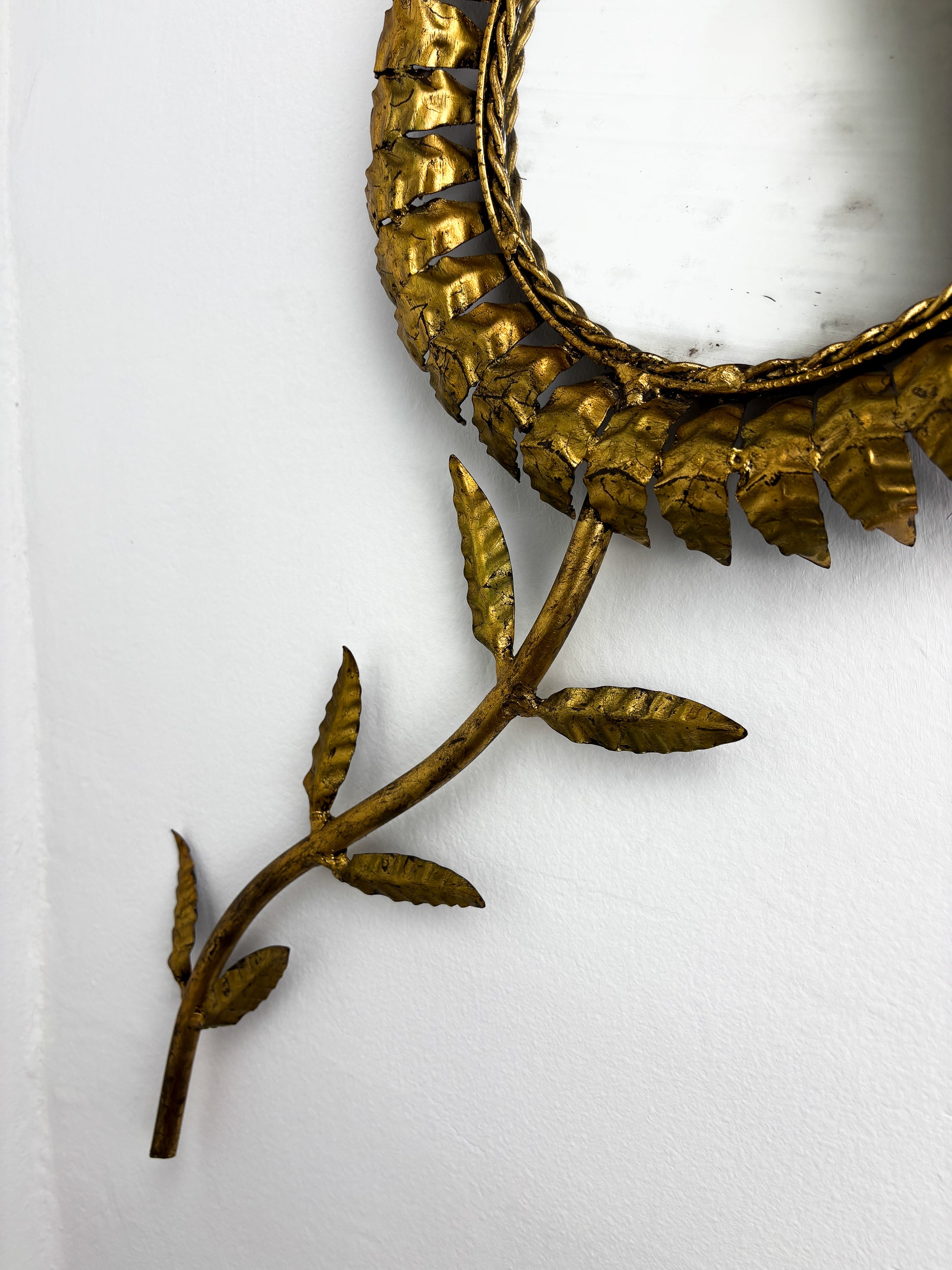 French Sunburst Flower Mirror Wall Decoration, Gilt Iron, 1950