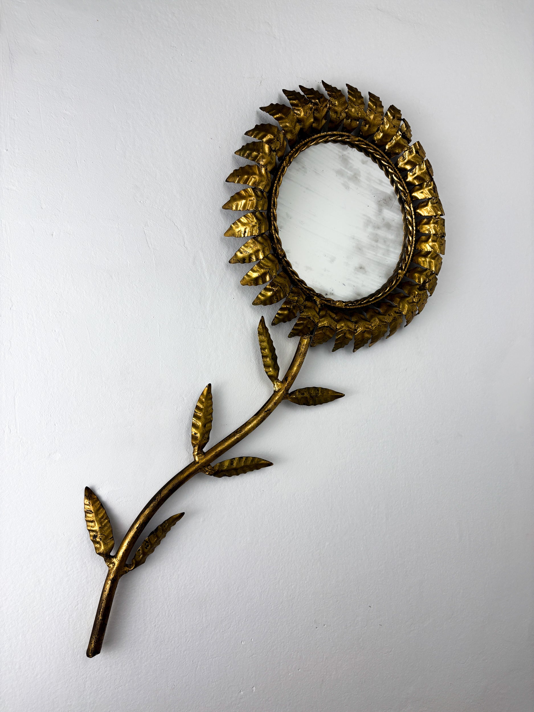 French Sunburst Flower Mirror Wall Decoration, Gilt Iron, 1950