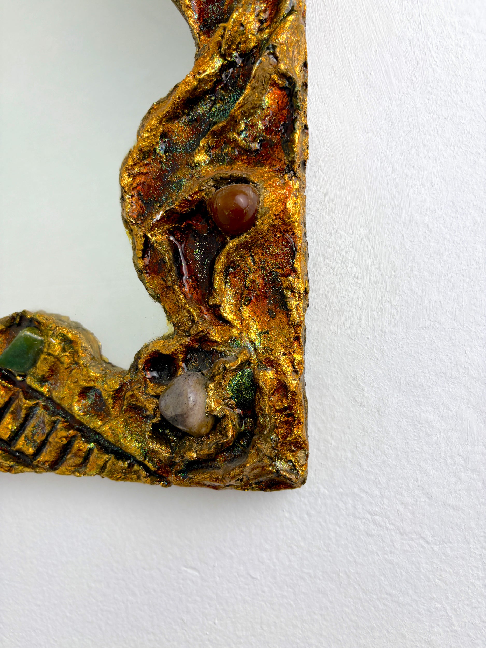 Italian Brutalist Resin and Stones Mirror, 1970's