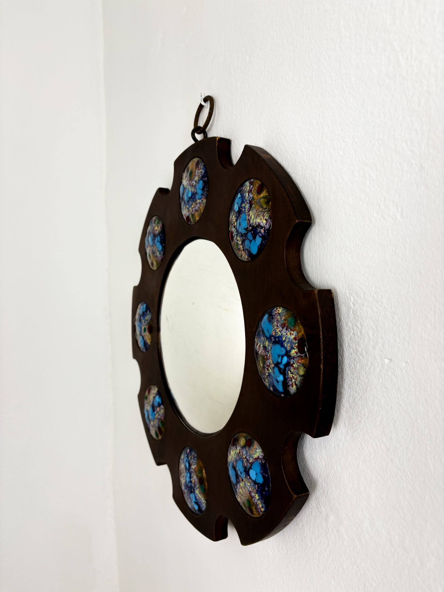 Modernist Wood and Enamel Mirror by J. Capo Esmaltes, Spain, 1970's