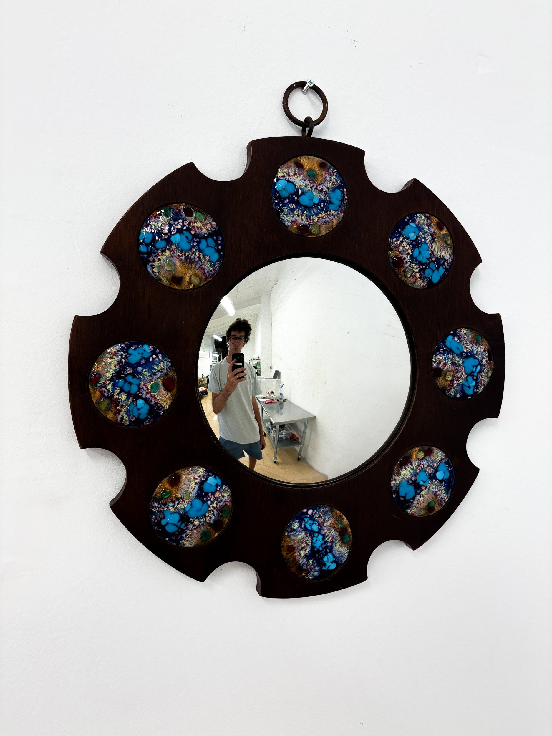 Modernist Wood and Enamel Mirror by J. Capo Esmaltes, Spain, 1970's