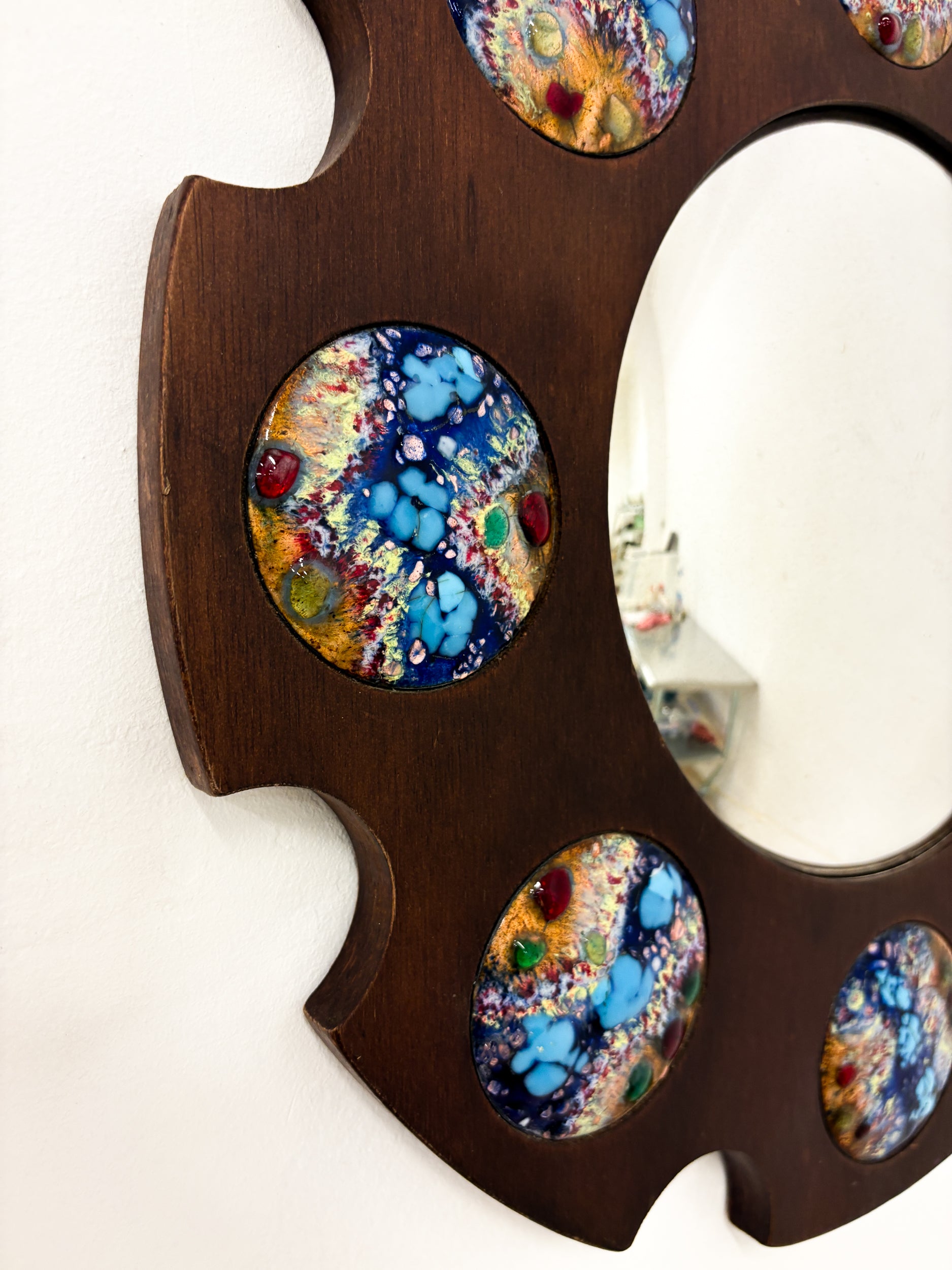 Modernist Wood and Enamel Mirror by J. Capo Esmaltes, Spain, 1970's