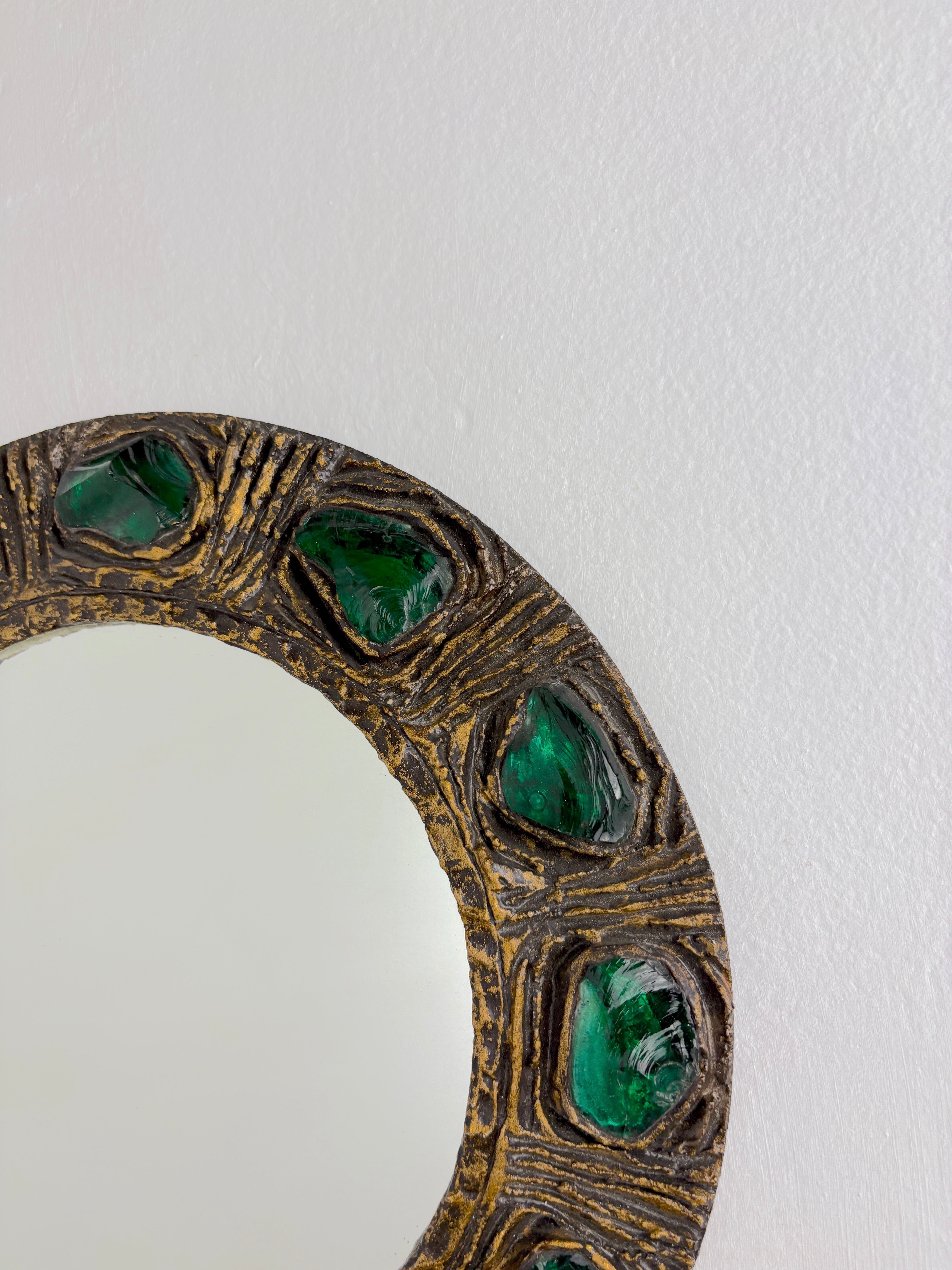 Italian Mid-Century Mirror by Creaciones Gobesso, Green Murano Rock Crystals, 1960s