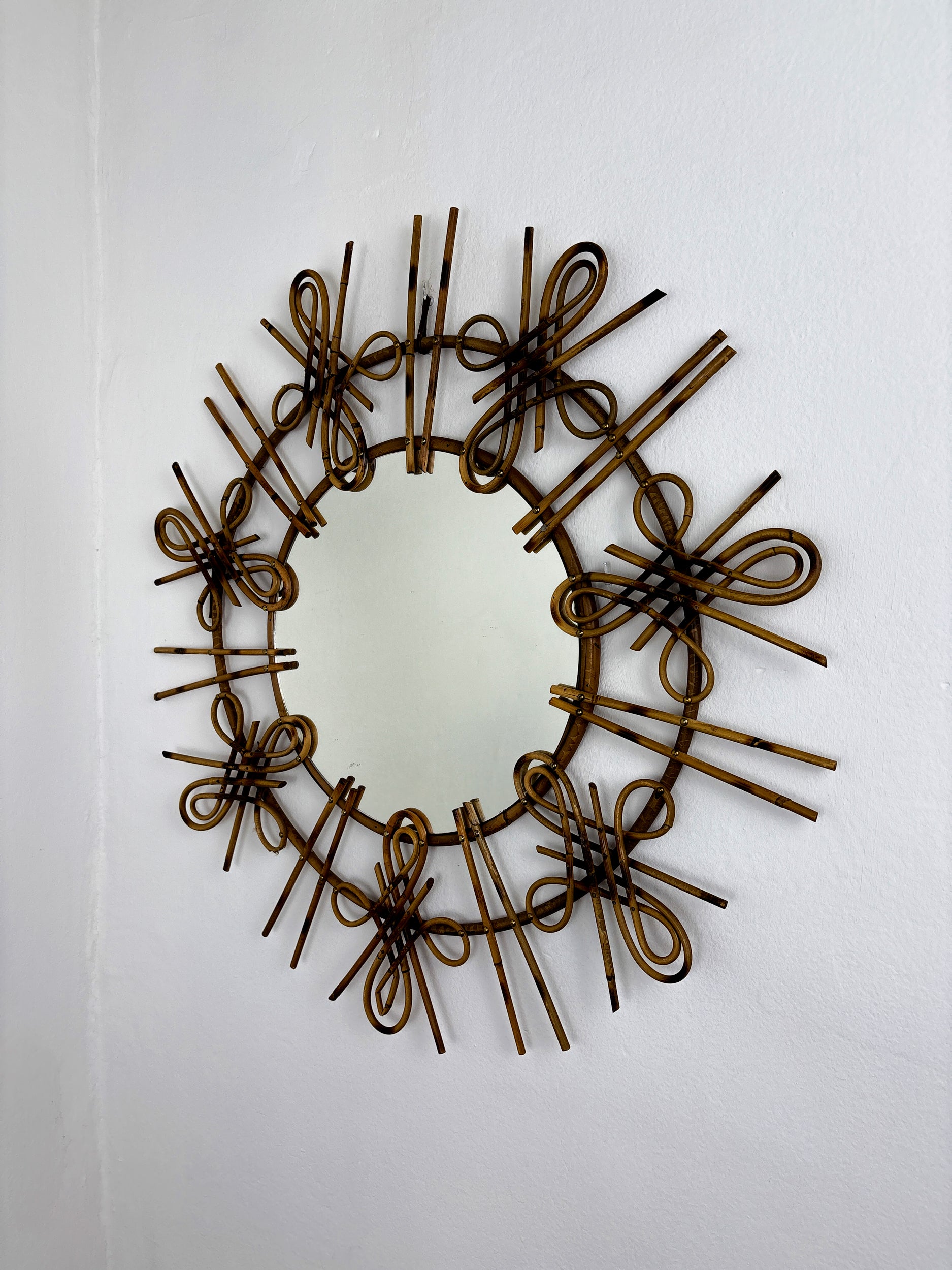 Rattan Sunburst Mirror with Chinoiserie Motif, Spain, 1950s