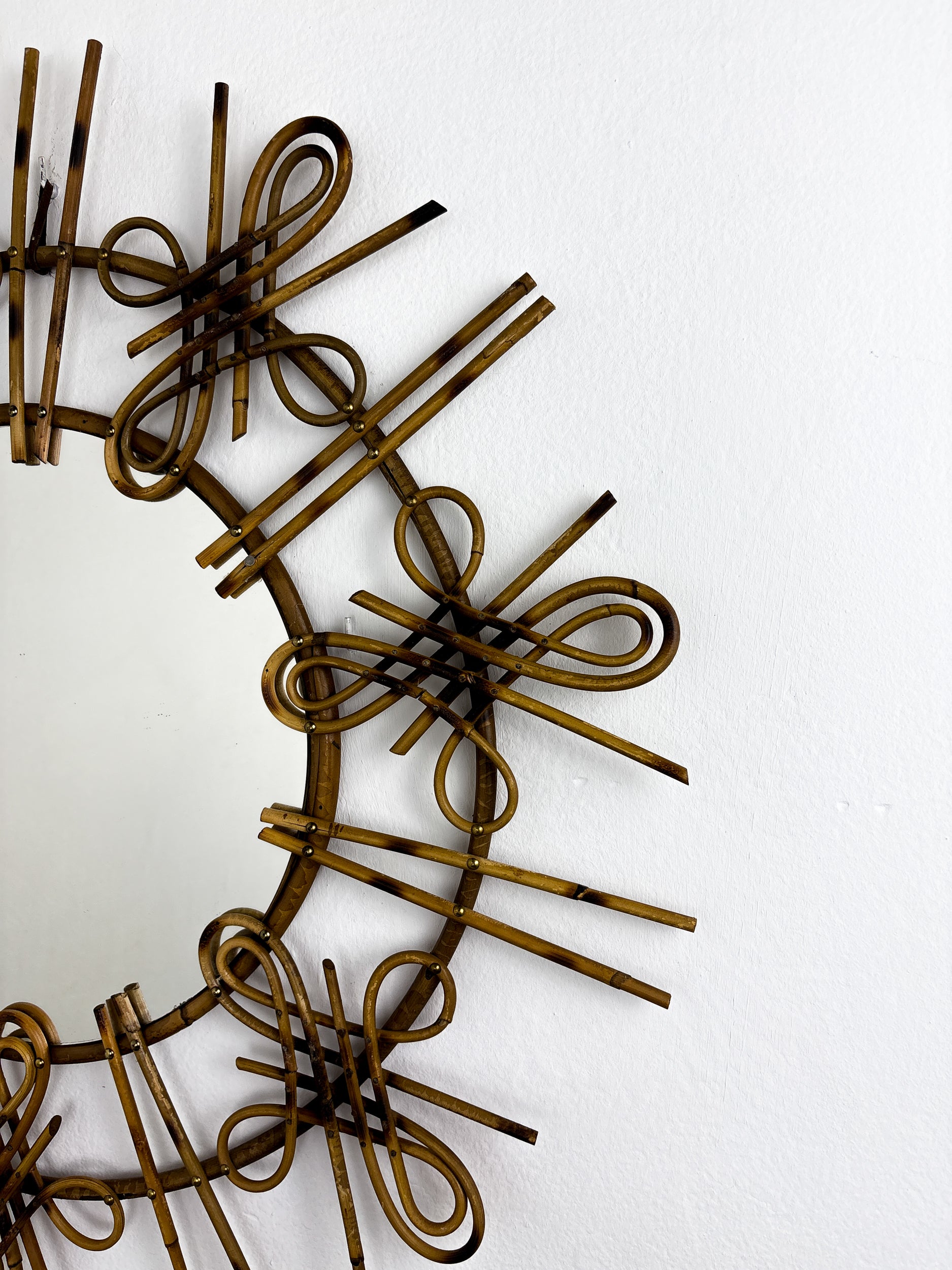 Rattan Sunburst Mirror with Chinoiserie Motif, Spain, 1950s