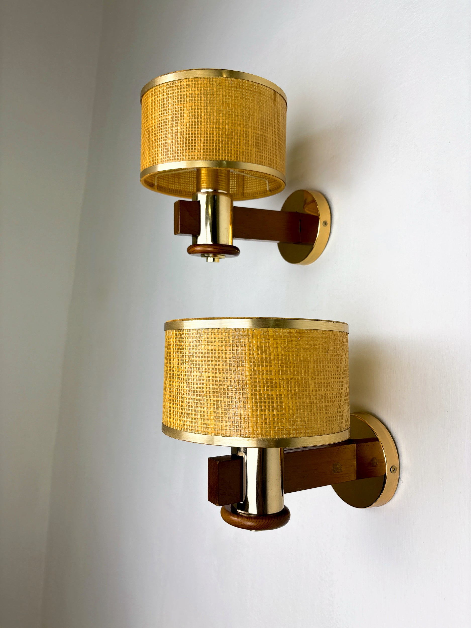 Pair of Vintage Rattan & Wood Wall Sconces, Italy, Circa 1970's
