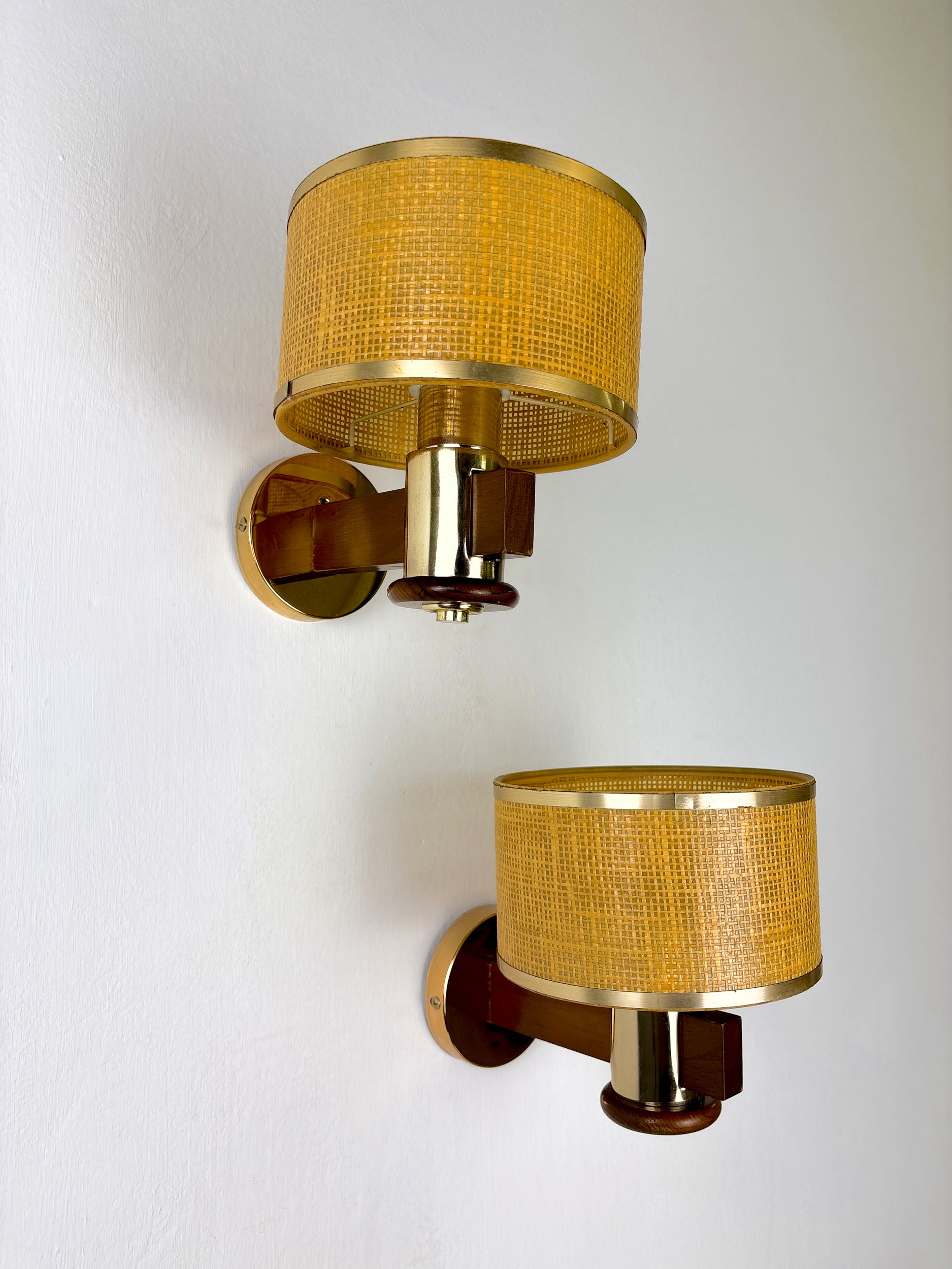 Pair of Vintage Rattan & Wood Wall Sconces, Italy, Circa 1970's