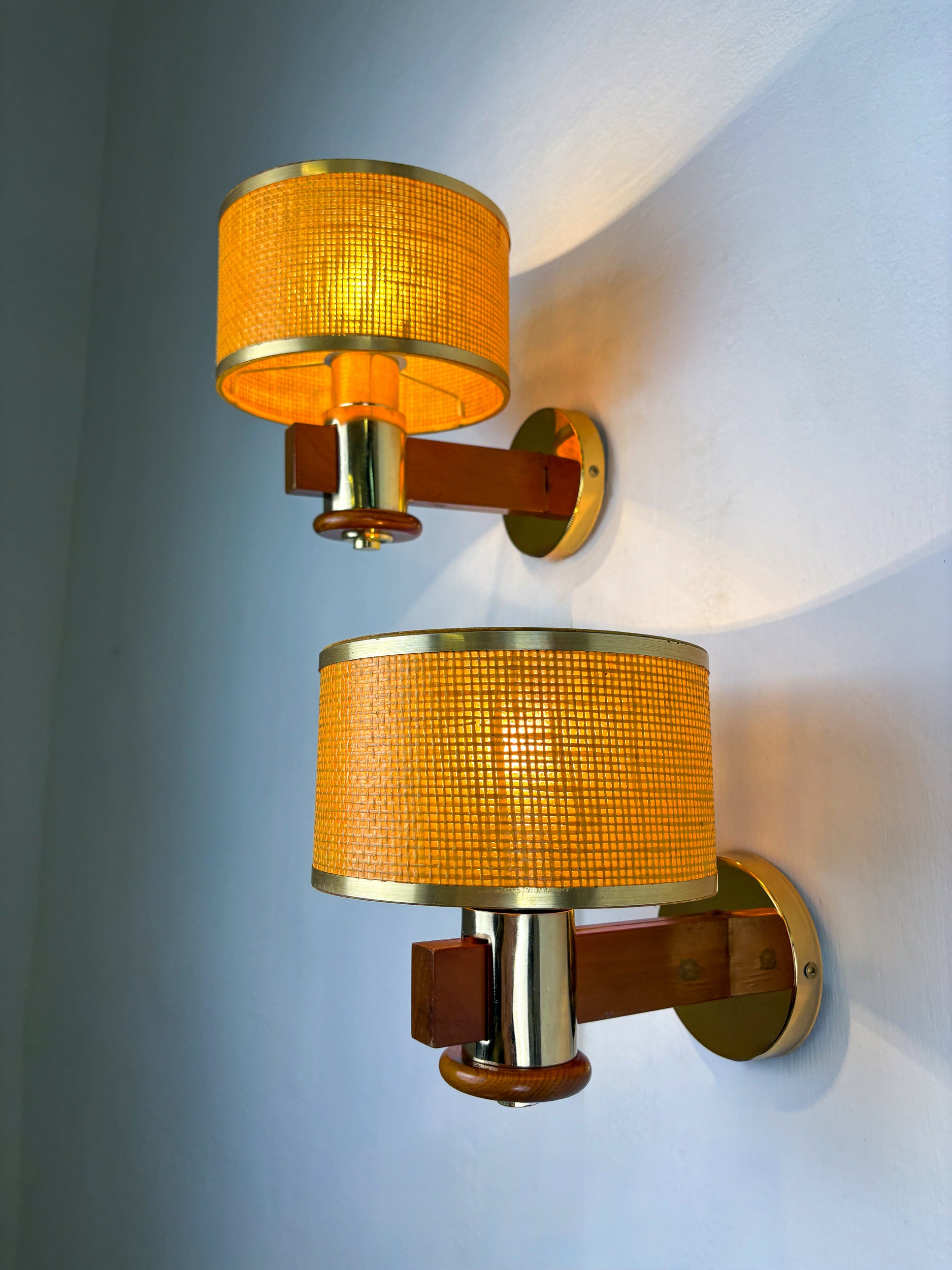 Pair of Vintage Rattan & Wood Wall Sconces, Italy, Circa 1970's