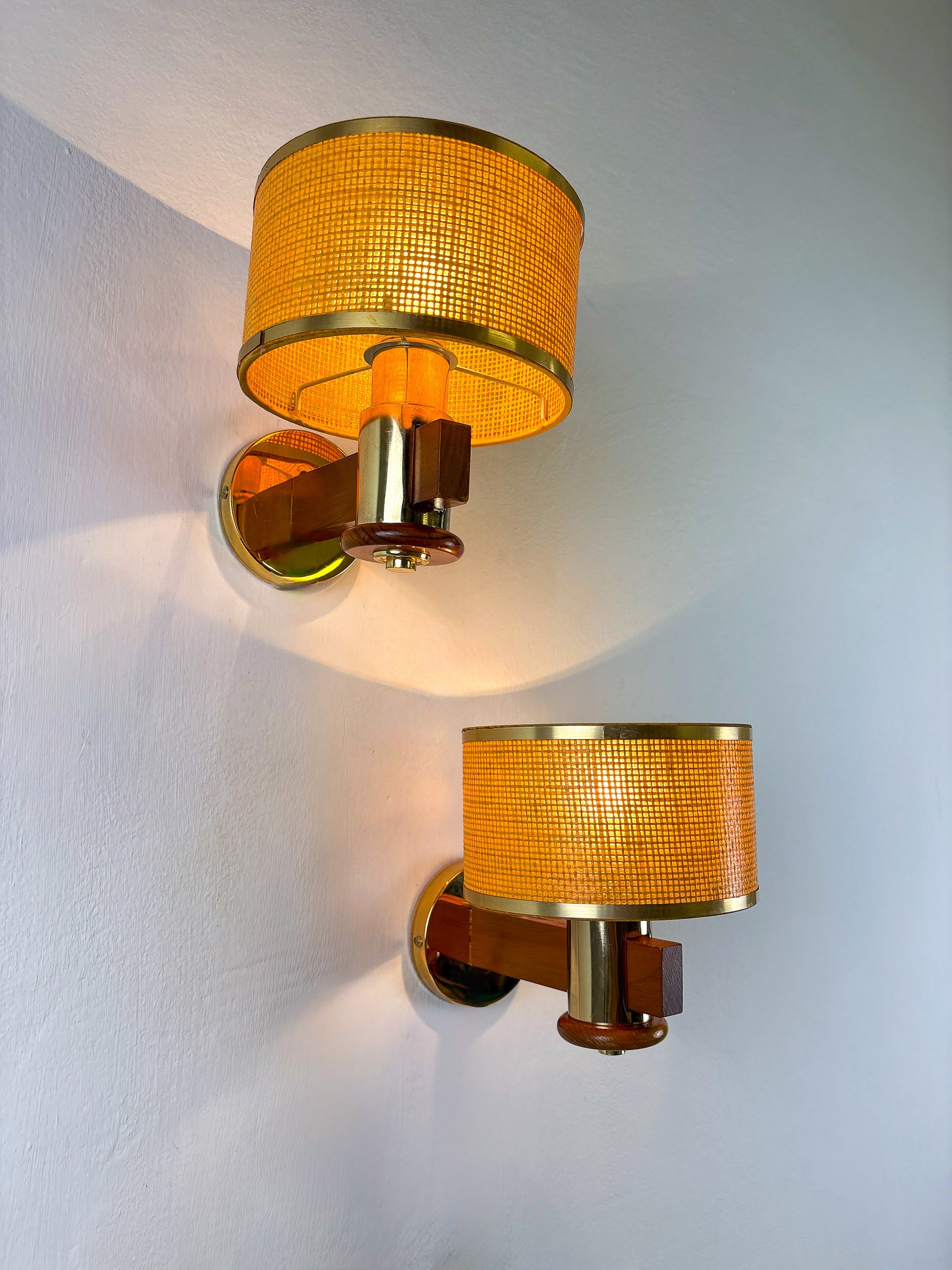 Pair of Vintage Rattan & Wood Wall Sconces, Italy, Circa 1970's