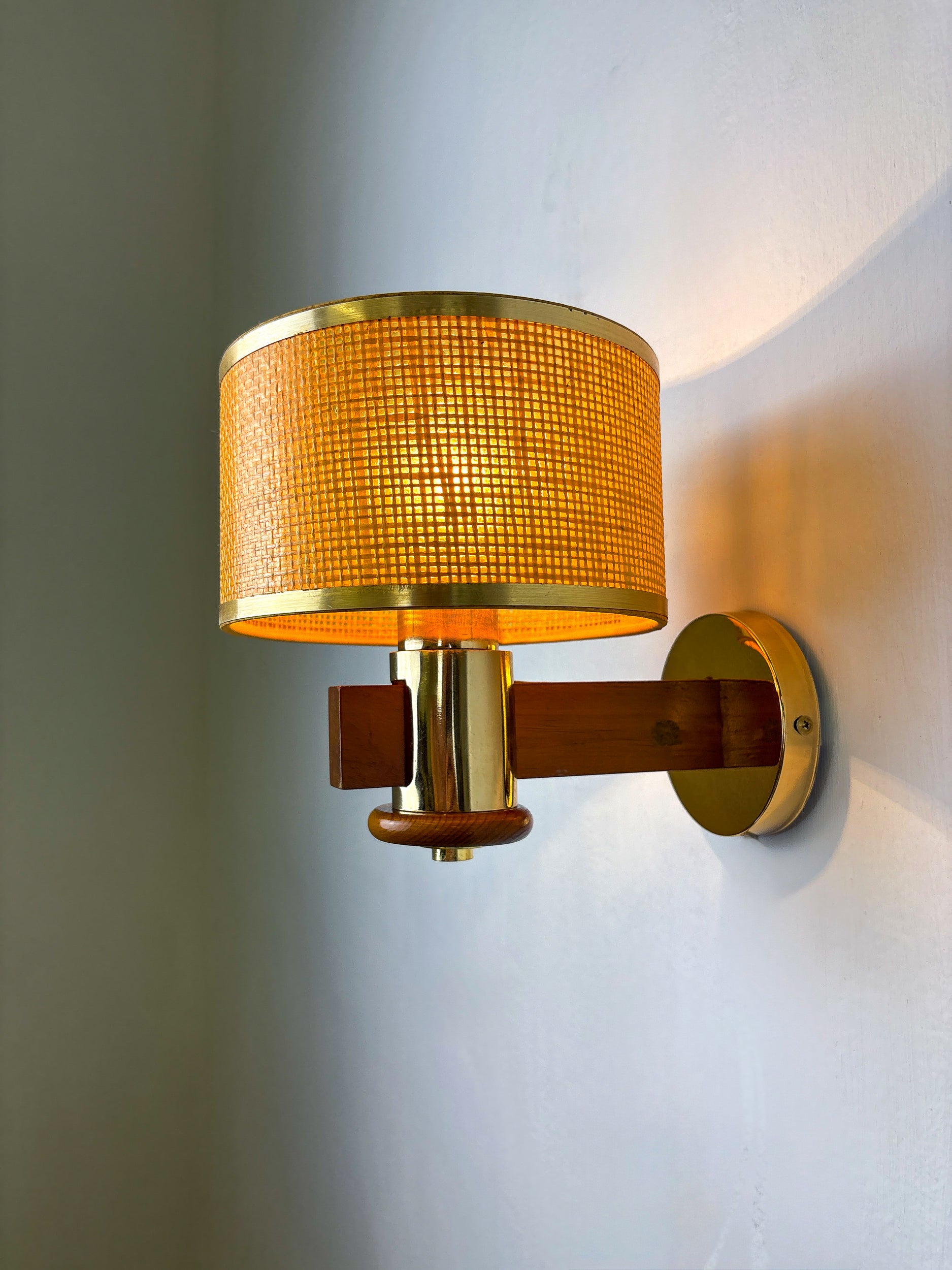 Pair of Vintage Rattan & Wood Wall Sconces, Italy, Circa 1970's