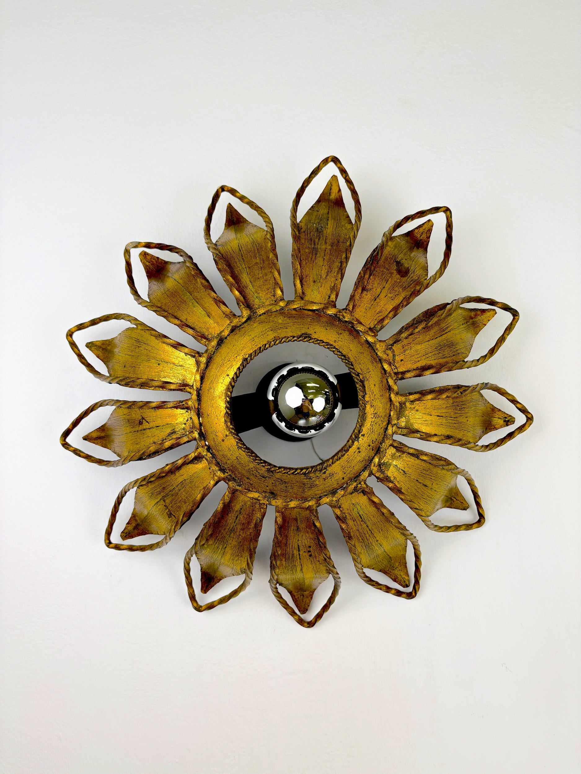 Spanish Sunburst ceiling light fixture or sconce in Gilt Iron, Circa 1960