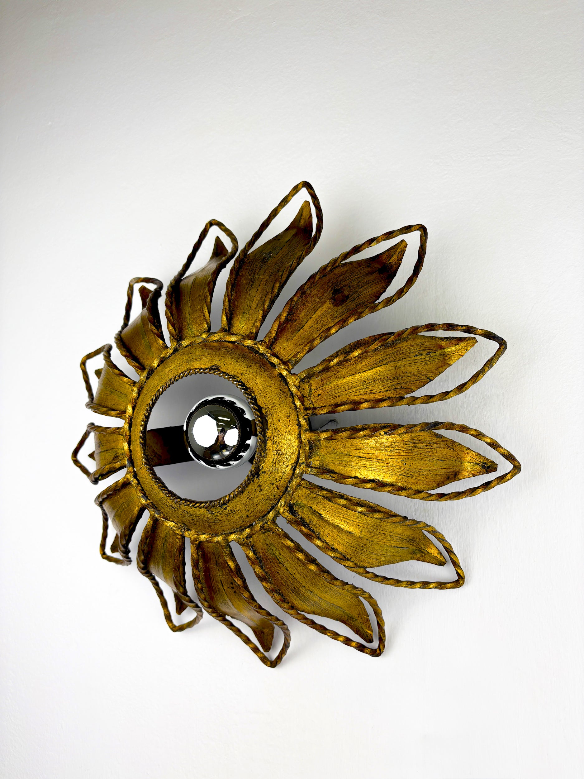 Spanish Sunburst ceiling light fixture or sconce in Gilt Iron, Circa 1960