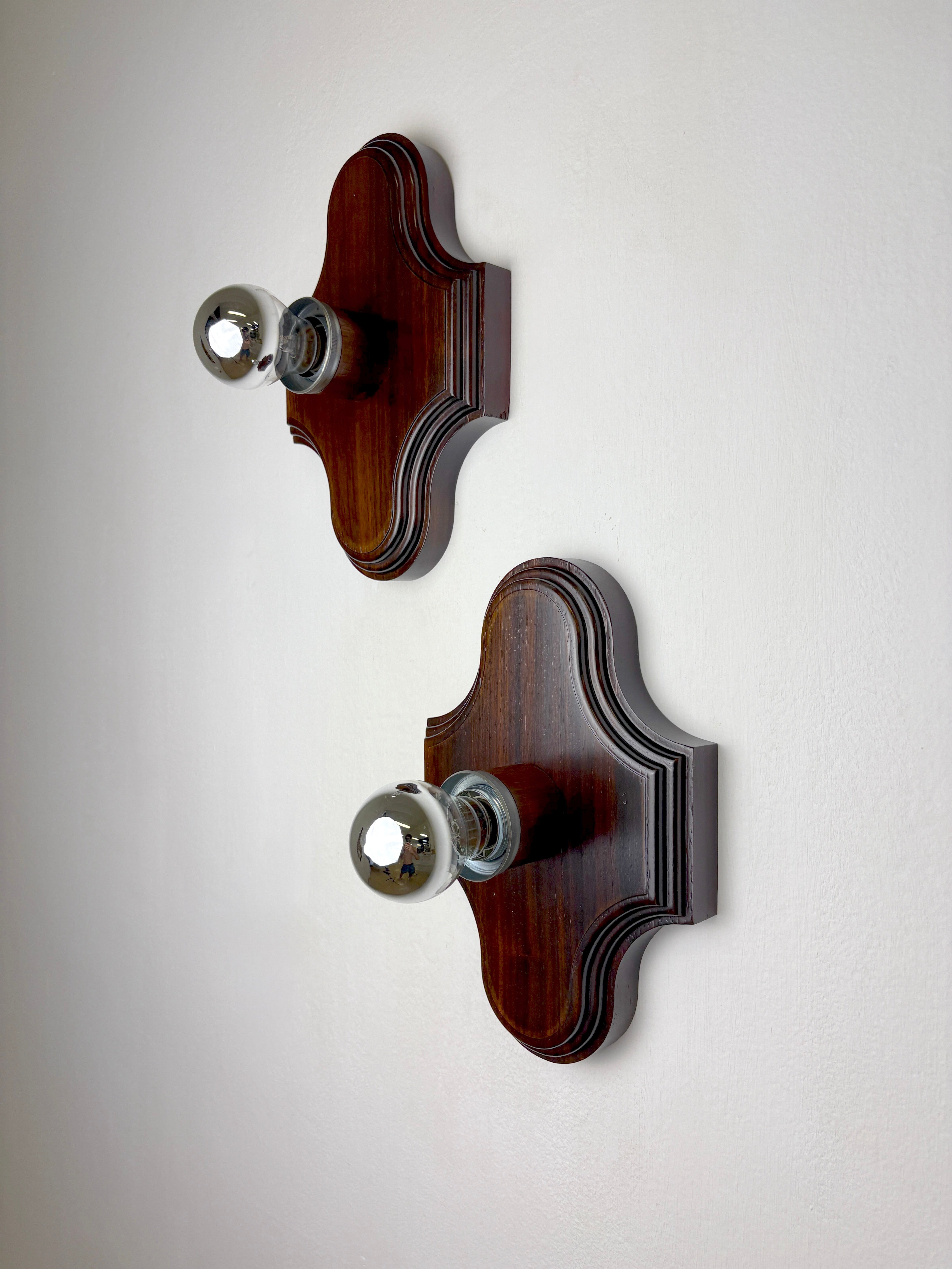 Pair of Geometric Art Deco Wall Lights, Carved wood, France, 1960s