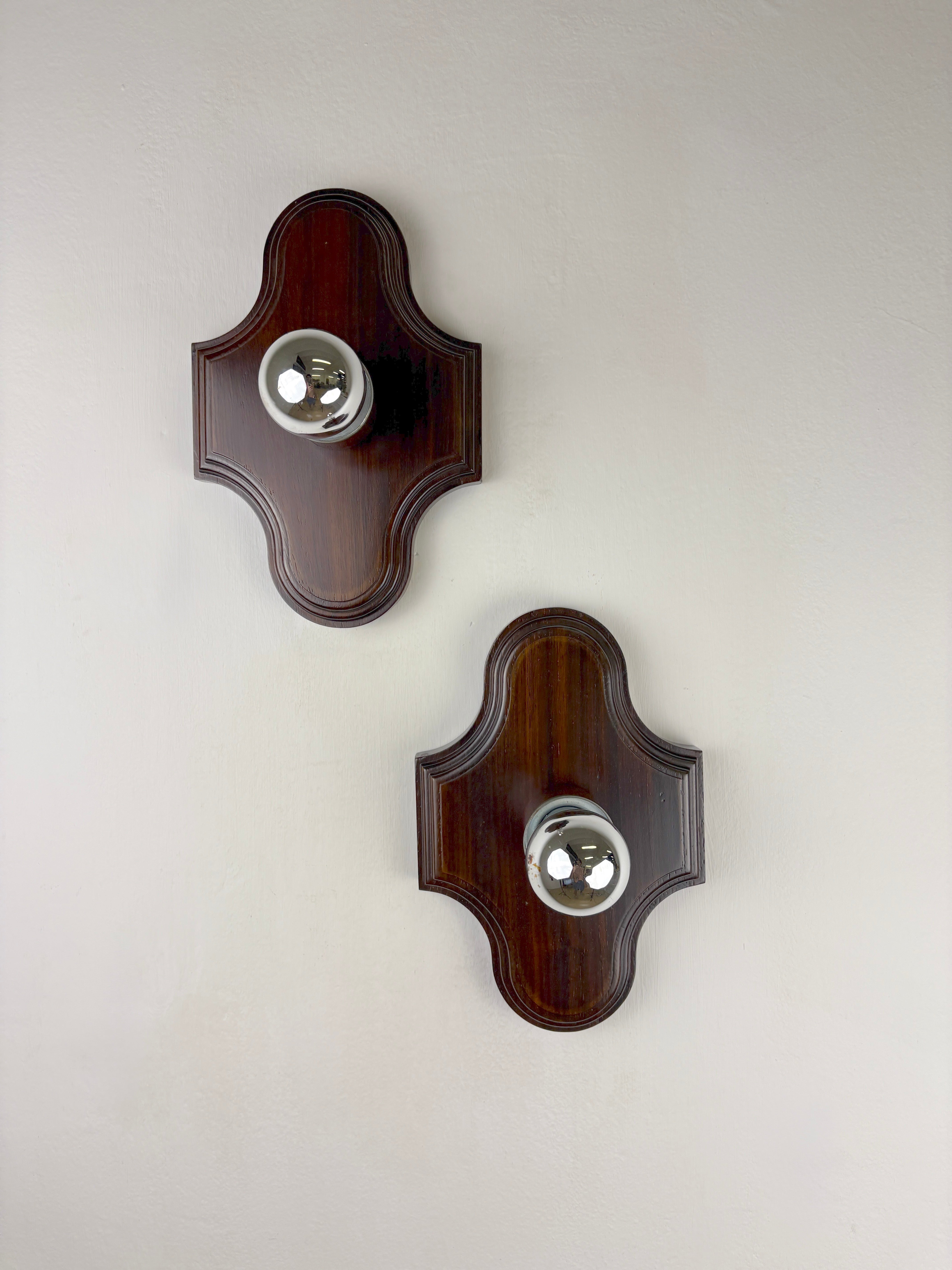 Pair of Geometric Art Deco Wall Lights, Carved wood, France, 1960s