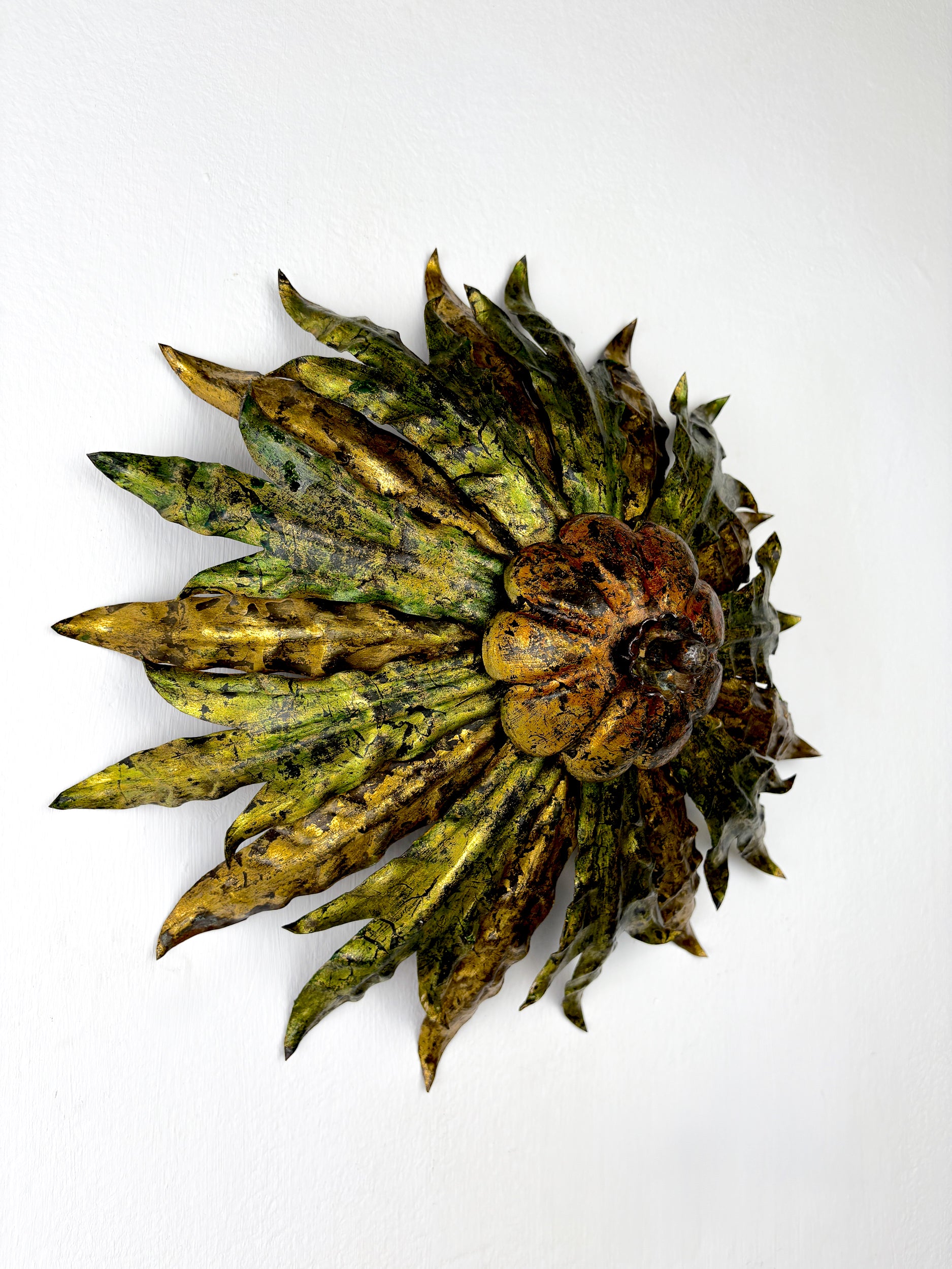 Mid-century Spanish Sunburst Foliage Ceiling Light Fixture or sconce, Green and Gilt Iron, 1950s