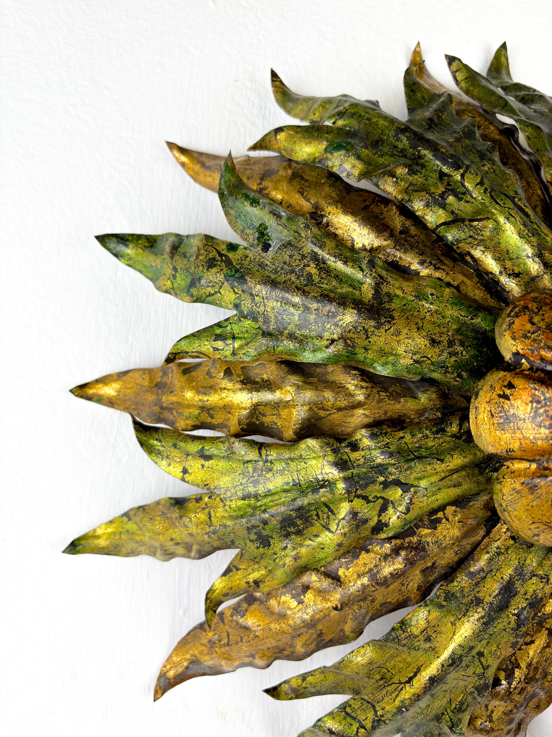 Mid-century Spanish Sunburst Foliage Ceiling Light Fixture or sconce, Green and Gilt Iron, 1950s