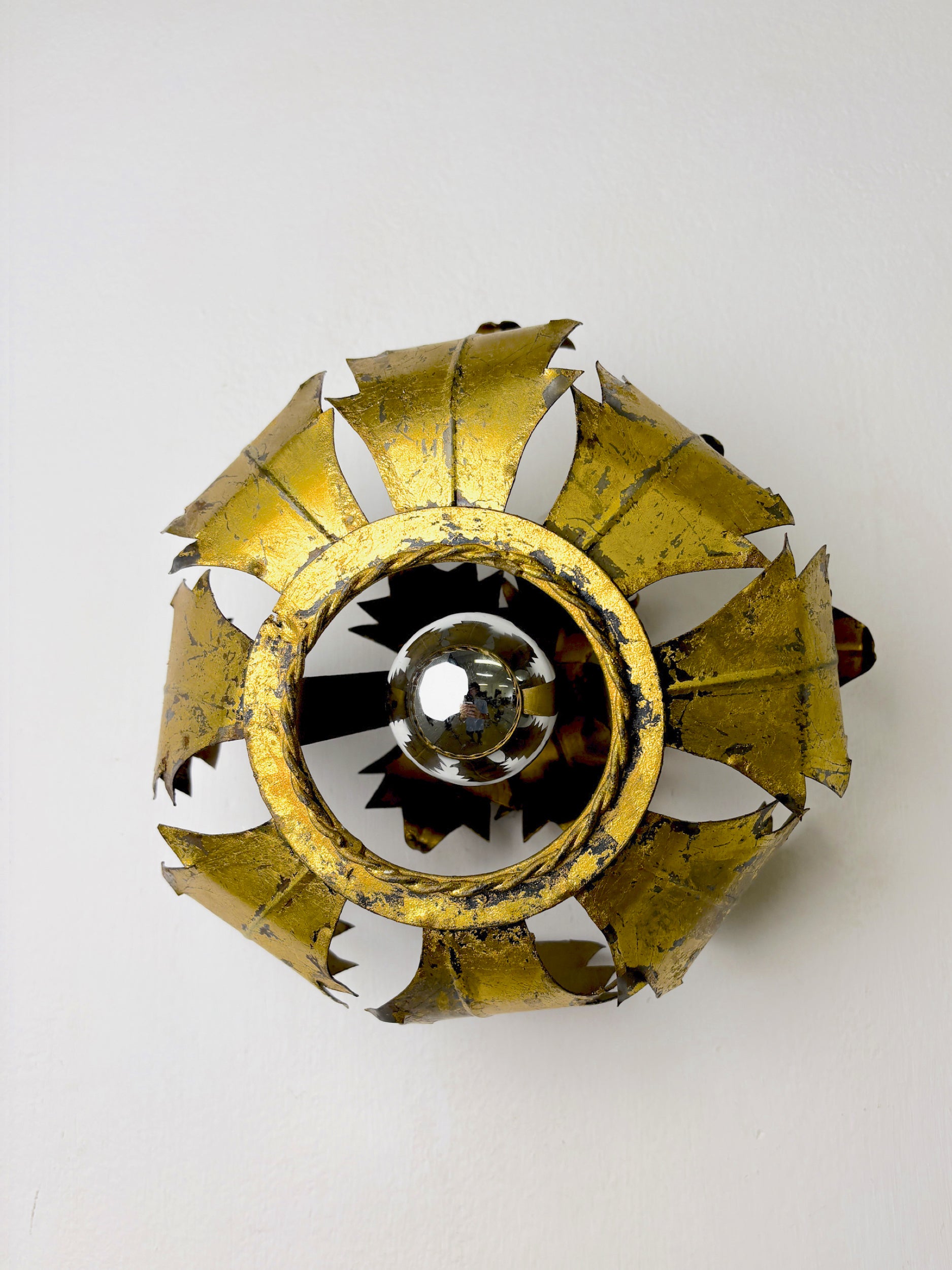 Spanish Sunburst ceiling light fixture or sconce in Gilt Iron, 1970's