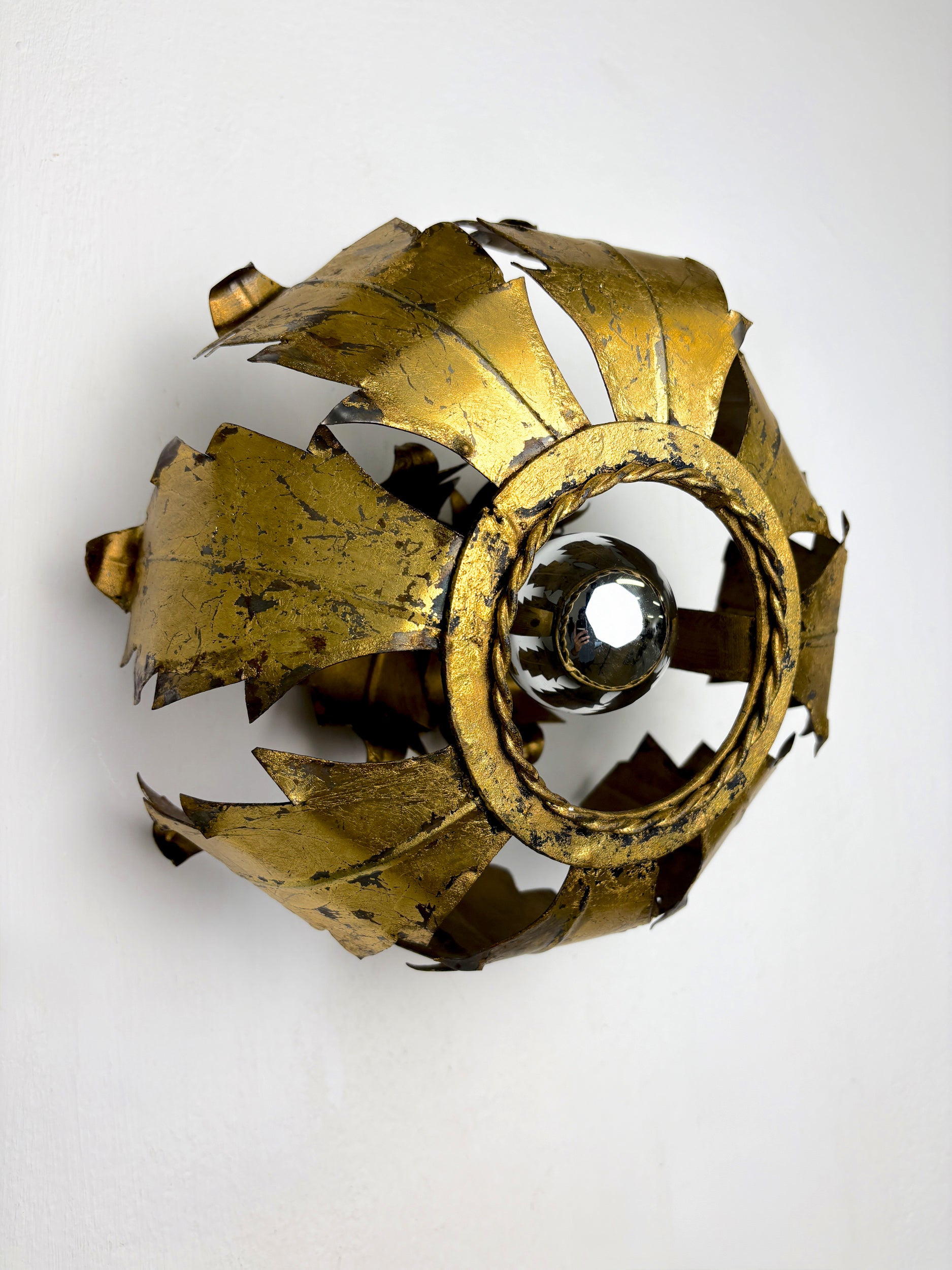 Spanish Sunburst ceiling light fixture or sconce in Gilt Iron, 1970's