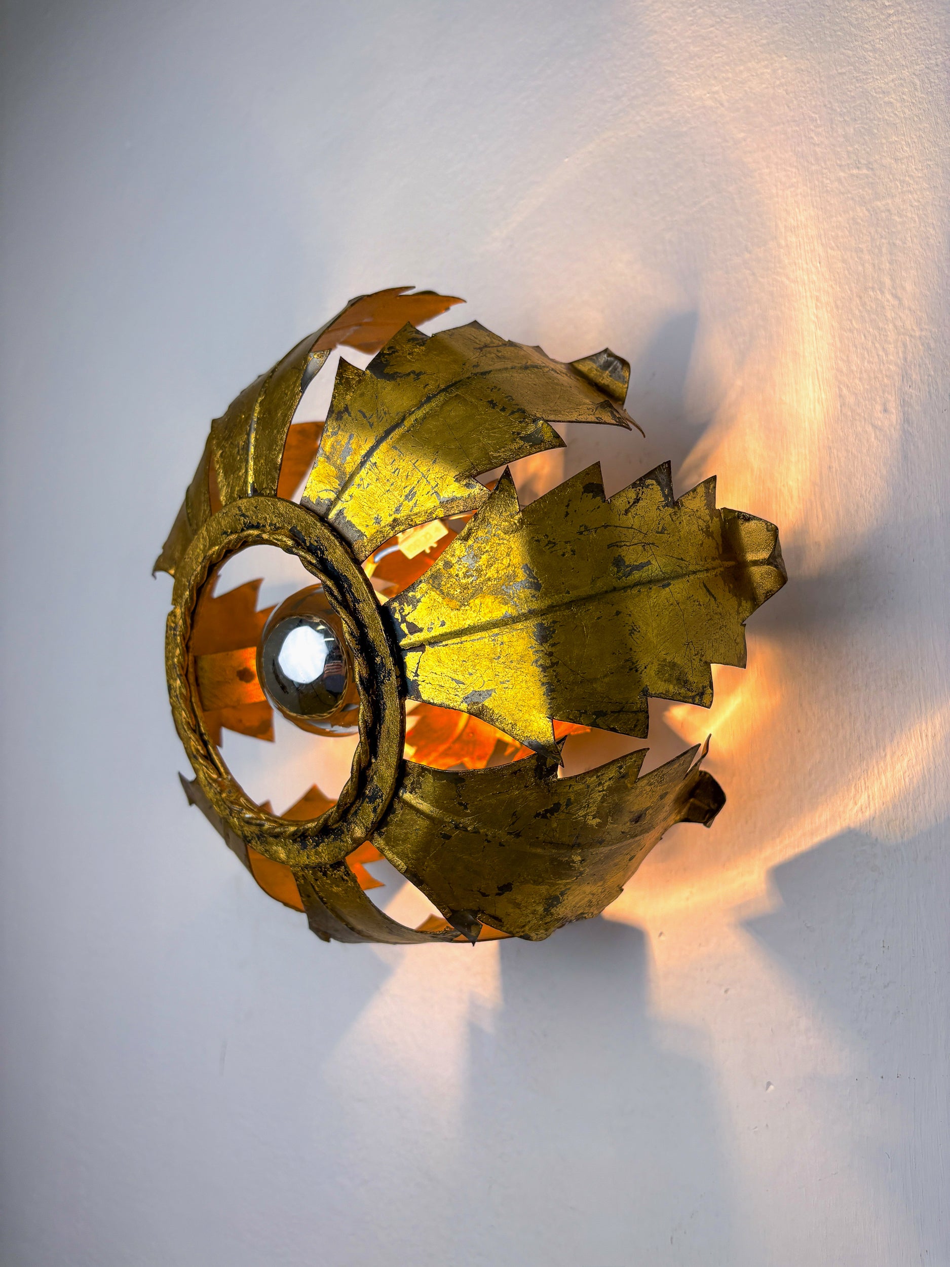 Spanish Sunburst ceiling light fixture or sconce in Gilt Iron, 1970's