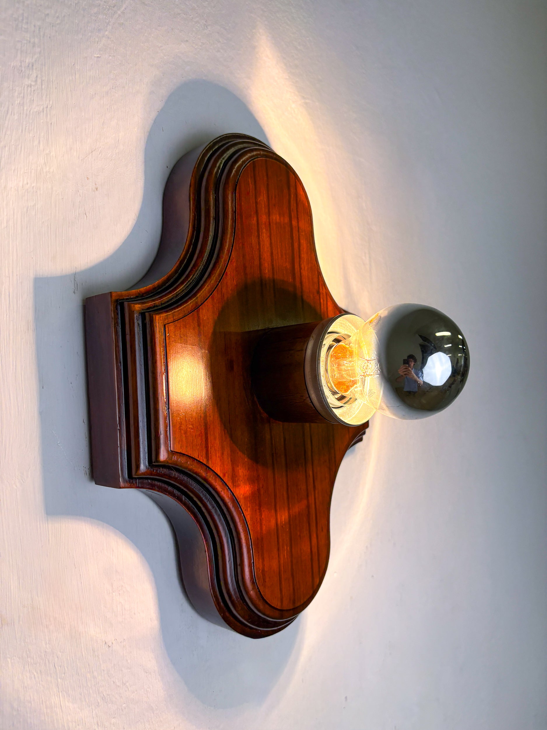 Pair of Geometric Art Deco Wall Lights, Carved brown wood, France, 1960s