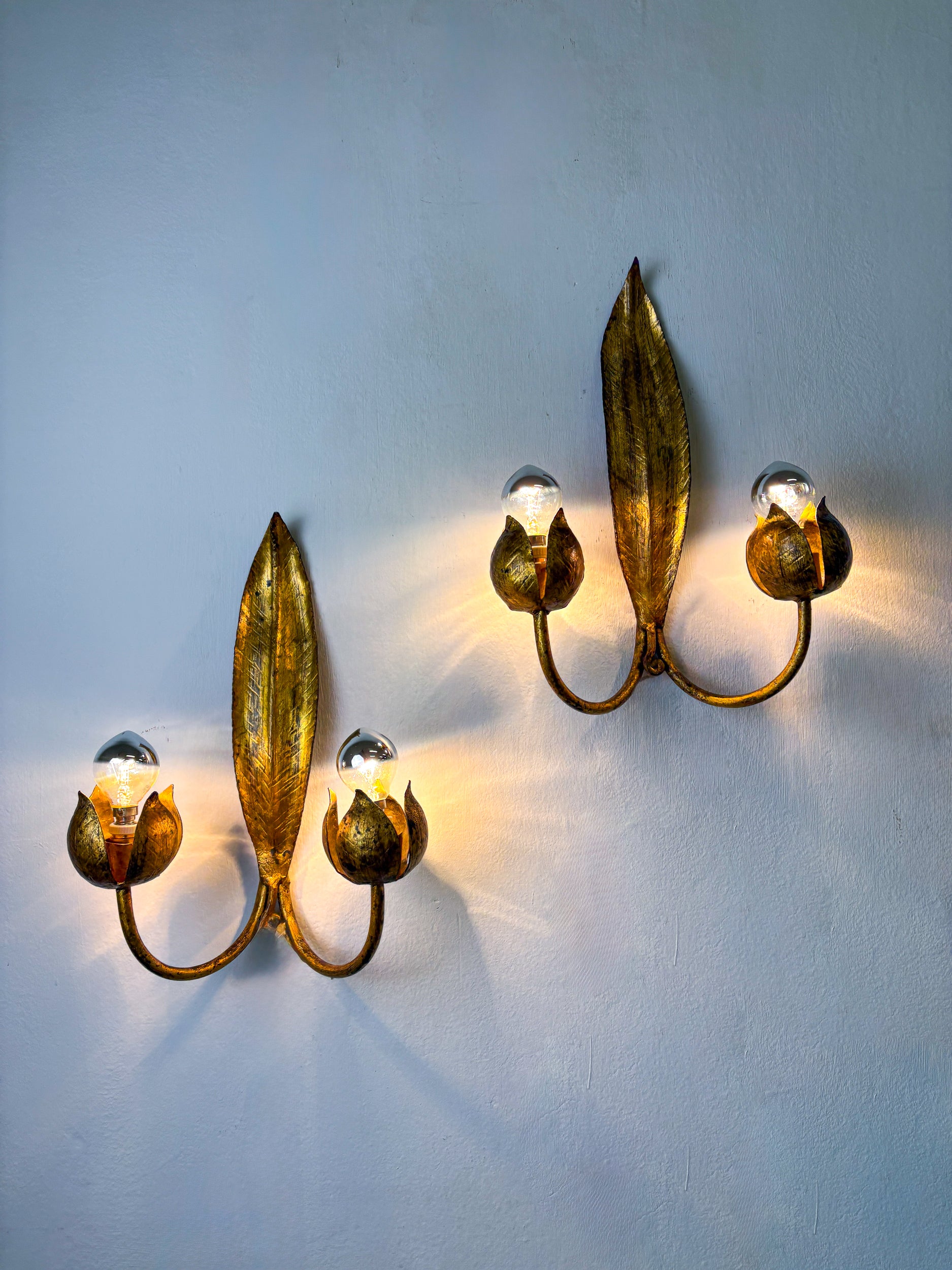 Pair of Spanish Foliage Wall Sconces, Leaf Arms & Bud Shades, Gilt Iron, 1960s