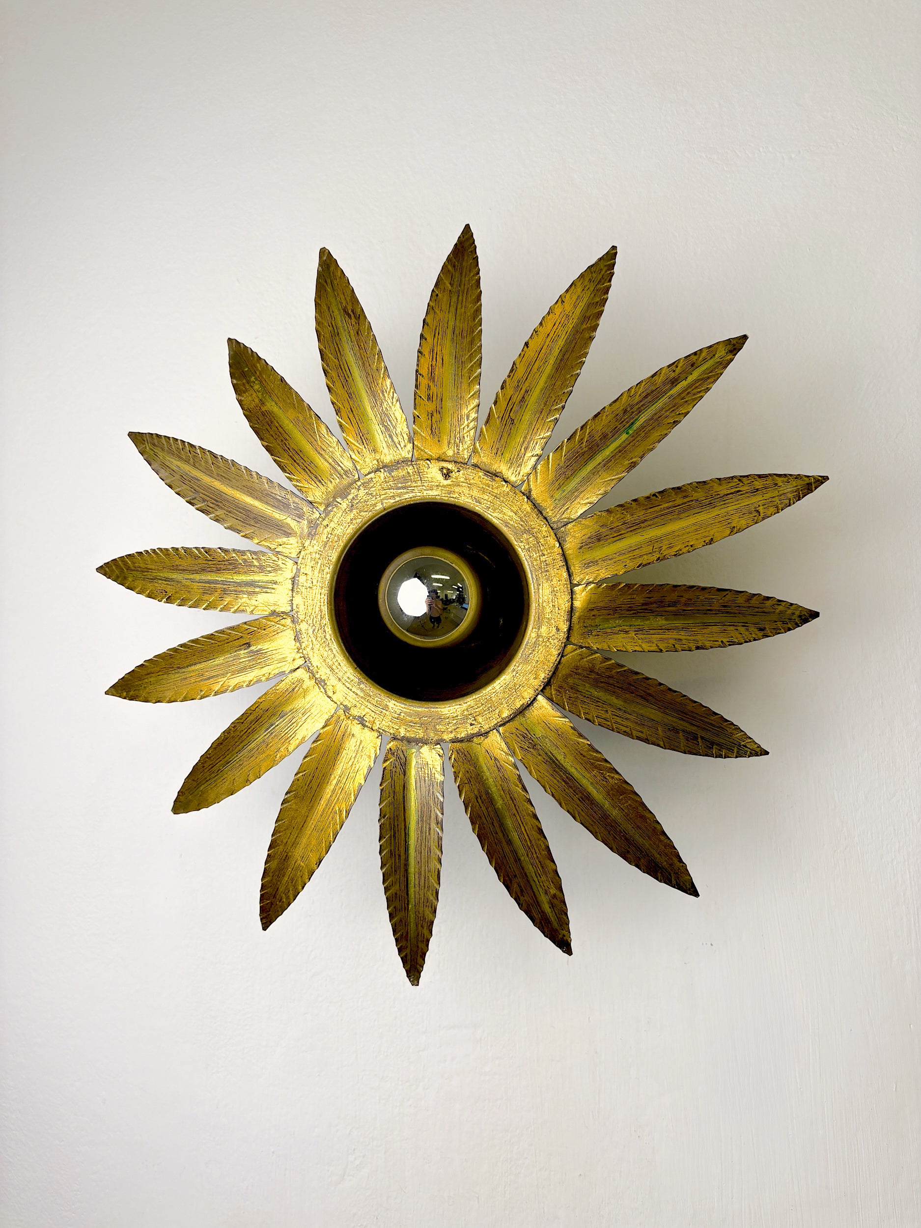 Spanish Sunburst Flush Mount Light Fixture in Gilt Iron, Ferro Art, 1960's