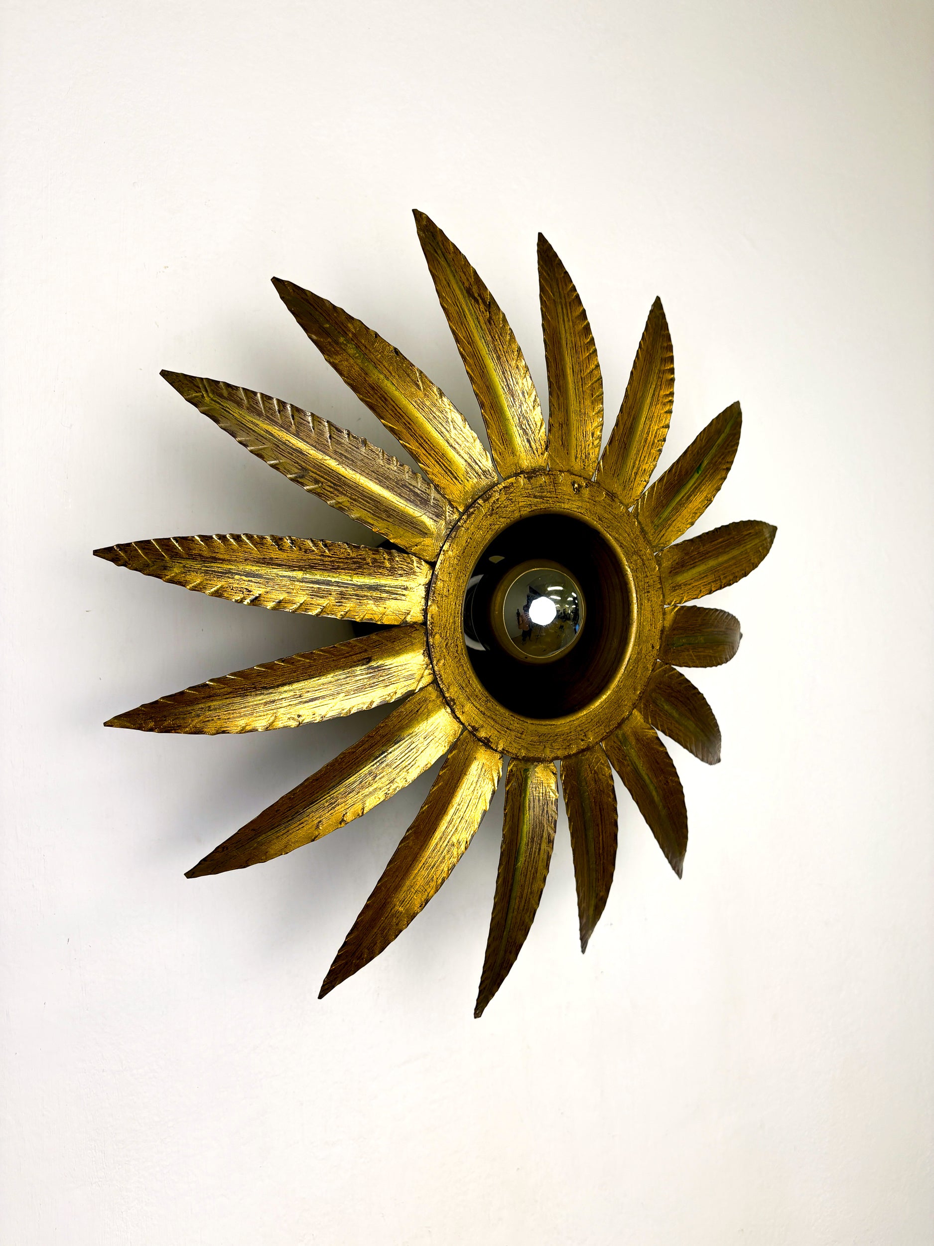 Spanish Sunburst Flush Mount Light Fixture in Gilt Iron, Ferro Art, 1960's