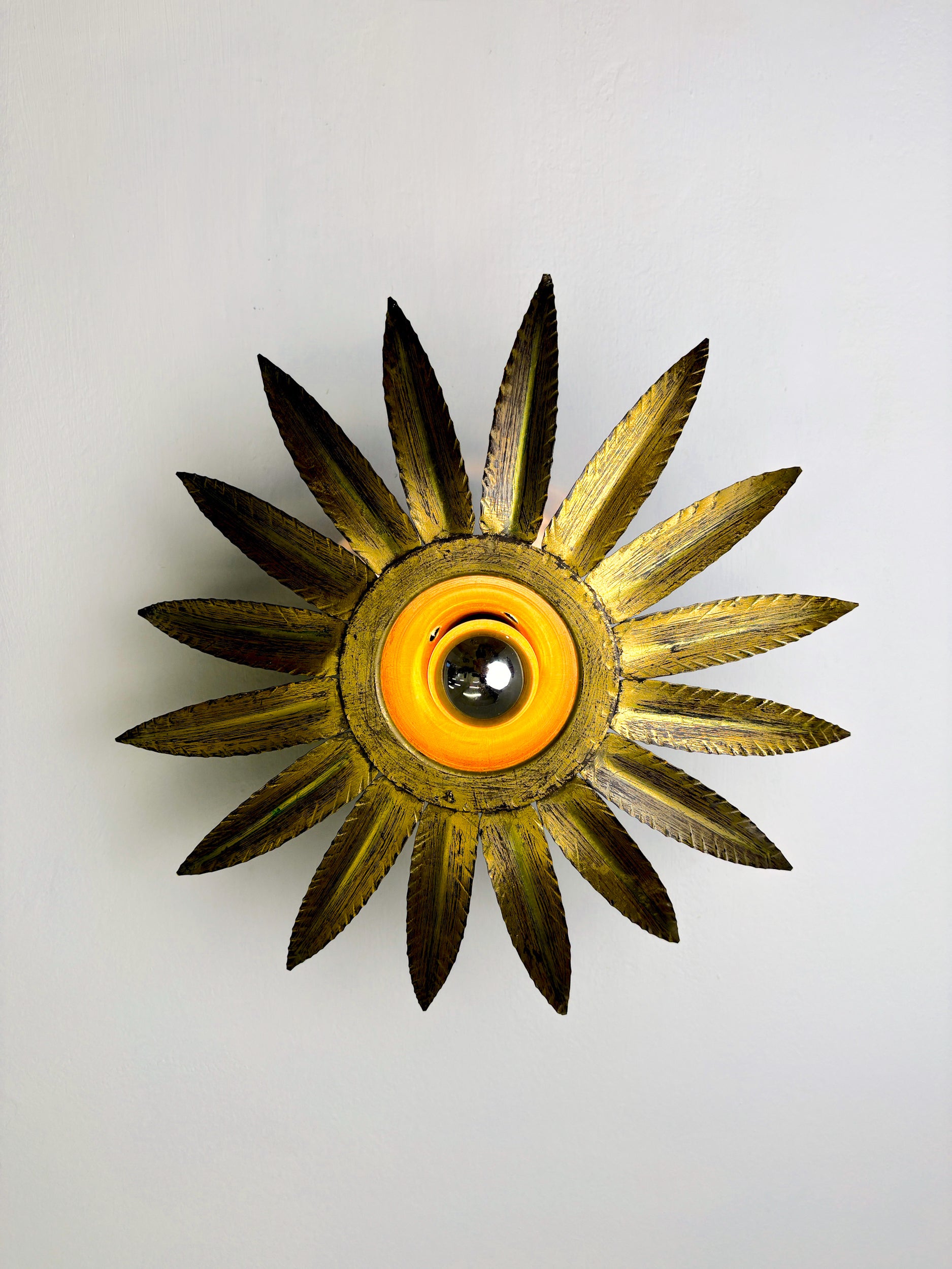 Spanish Sunburst Flush Mount Light Fixture in Gilt Iron, Ferro Art, 1960's