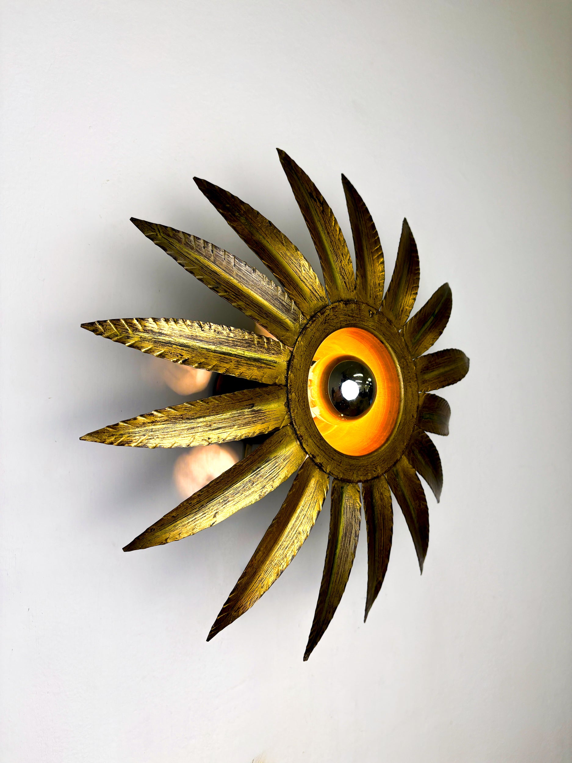 Spanish Sunburst Flush Mount Light Fixture in Gilt Iron, Ferro Art, 1960's