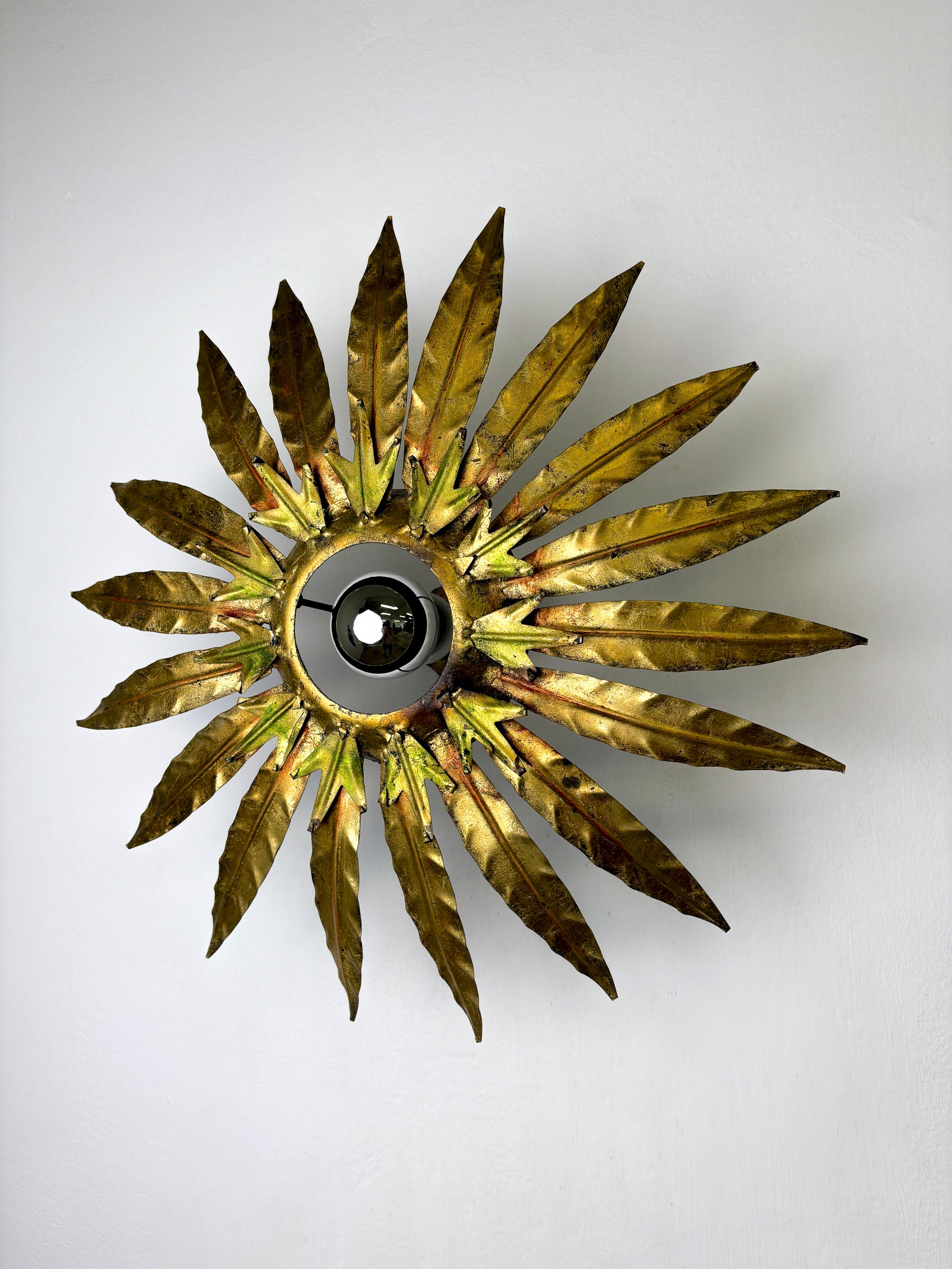 Mid-Century Modern Sunburst Light Fixture with Leaves, French Craftmanship, 1950's
