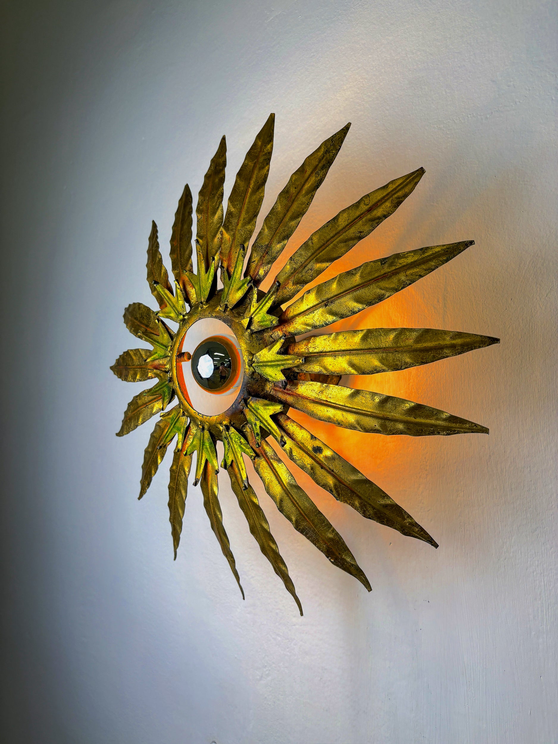 Mid-Century Modern Sunburst Light Fixture with Leaves, French Craftmanship, 1950's