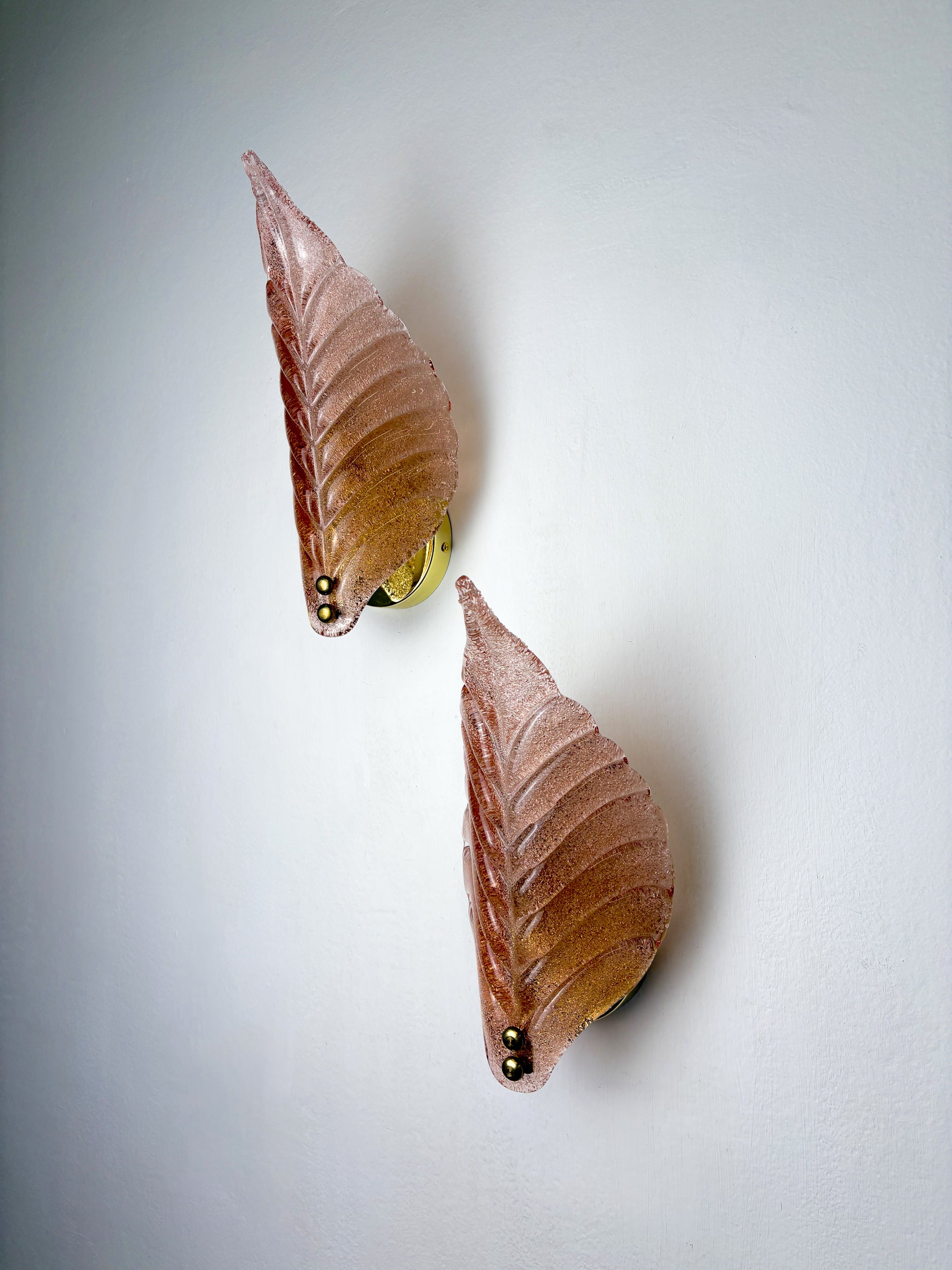 Pair of Barovier & Toso Leaf-Shaped Wall Sconces, Light Pink Murano Glass, Italy, 1960's