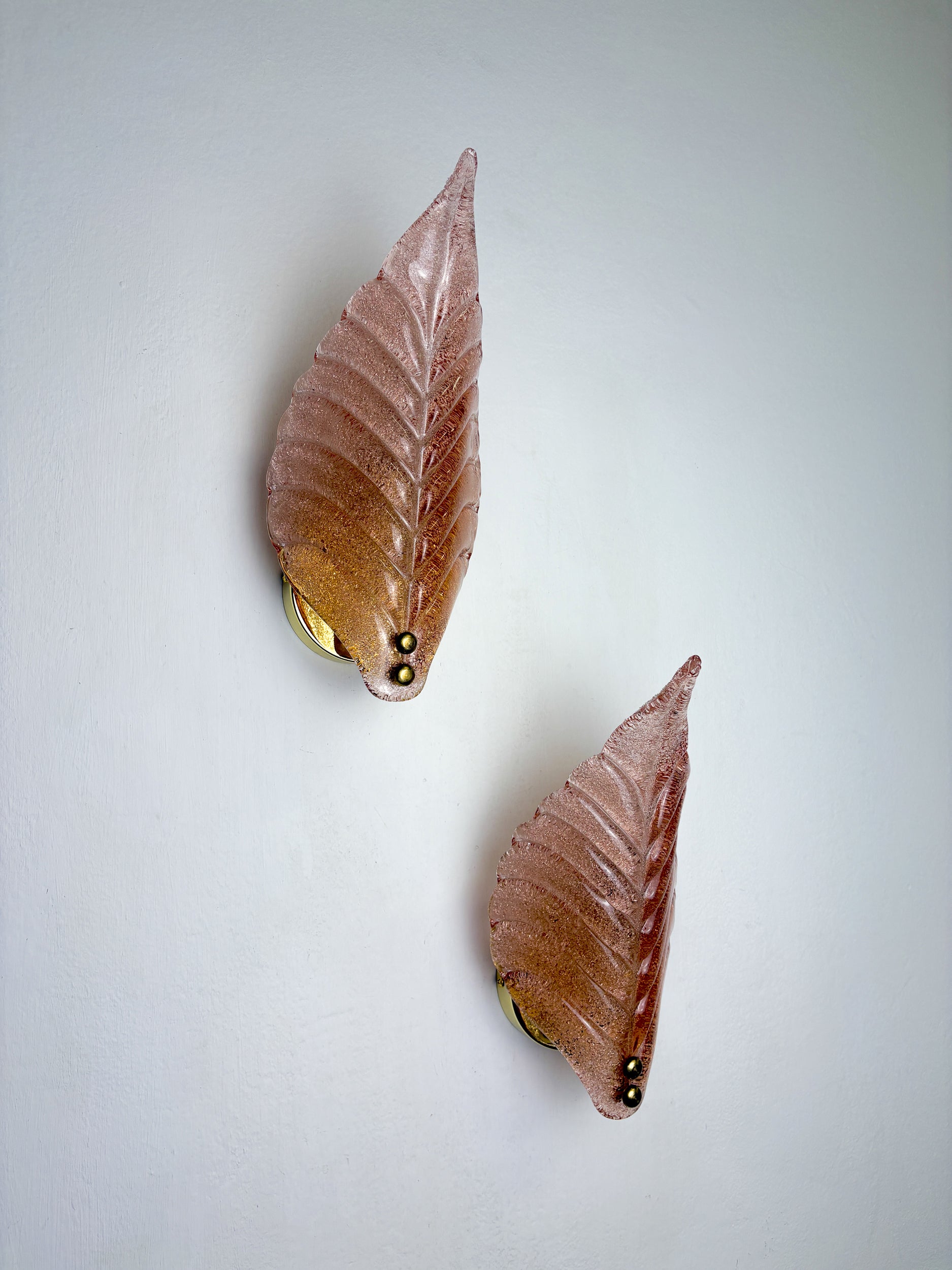 Pair of Barovier & Toso Leaf-Shaped Wall Sconces, Light Pink Murano Glass, Italy, 1960's