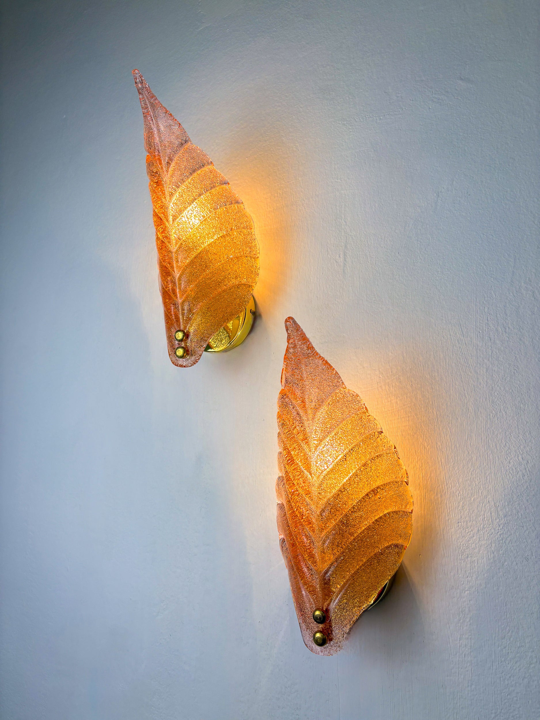 Pair of Barovier & Toso Leaf-Shaped Wall Sconces, Light Pink Murano Glass, Italy, 1960's
