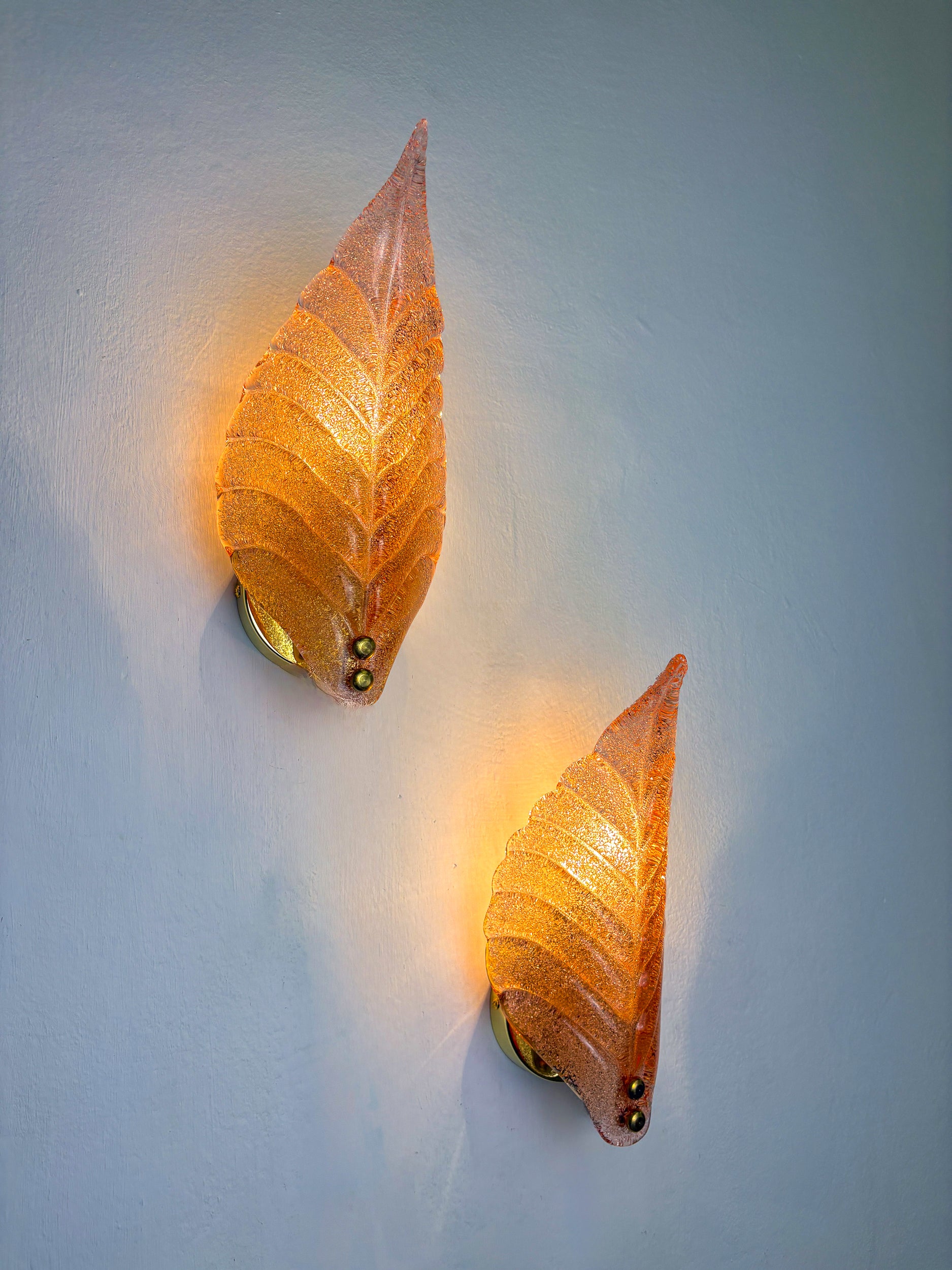 Pair of Barovier & Toso Leaf-Shaped Wall Sconces, Light Pink Murano Glass, Italy, 1960's