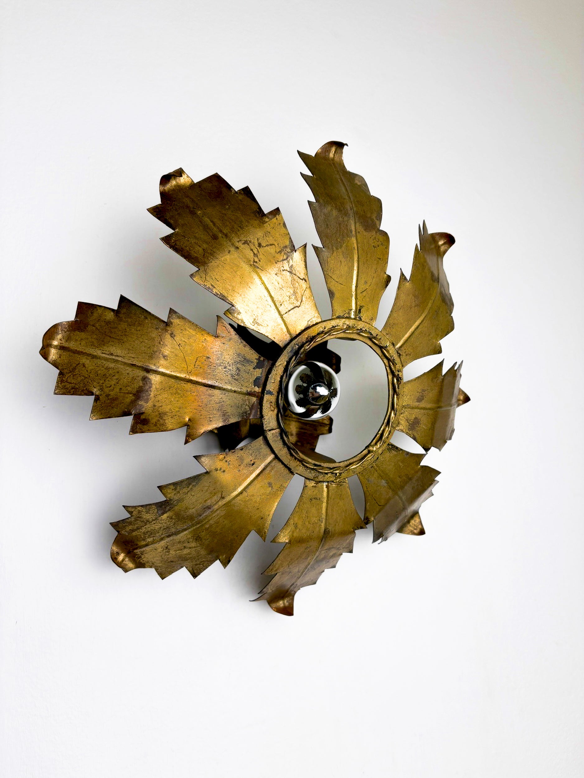 Spanish Sunburst Flush Mount Light Fixture in Gilt Iron, Circa 1970's
