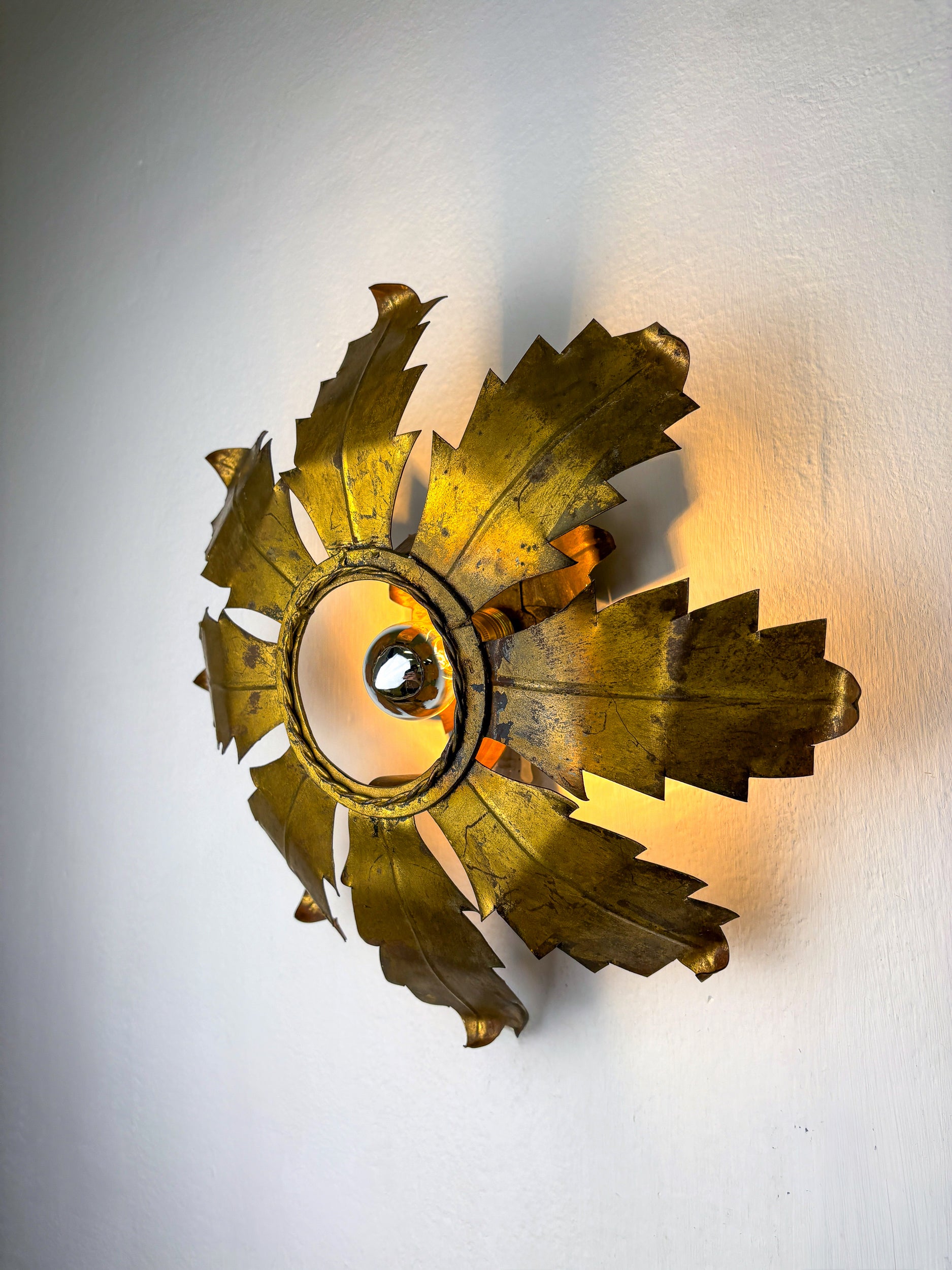 Spanish Sunburst Flush Mount Light Fixture in Gilt Iron, Circa 1970's