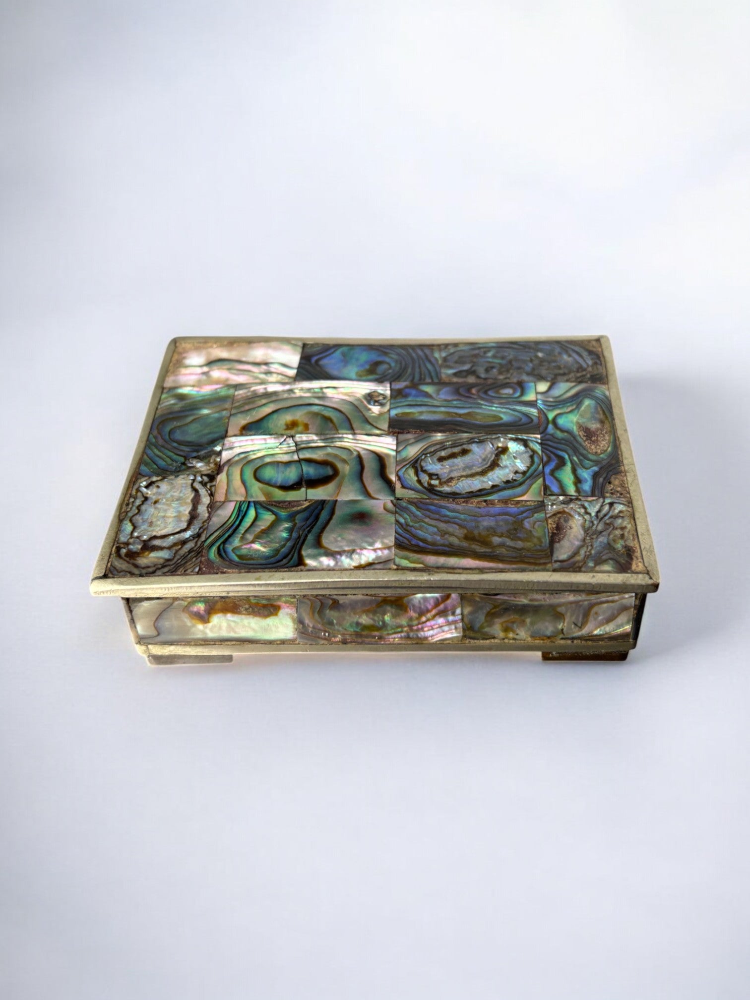 Abalone shell vanity box, Alpaca & wood, Mexico, 1970's