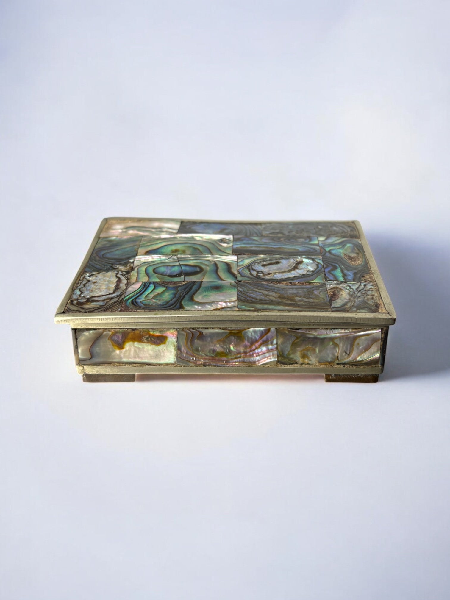Abalone shell vanity box, Alpaca & wood, Mexico, 1970's