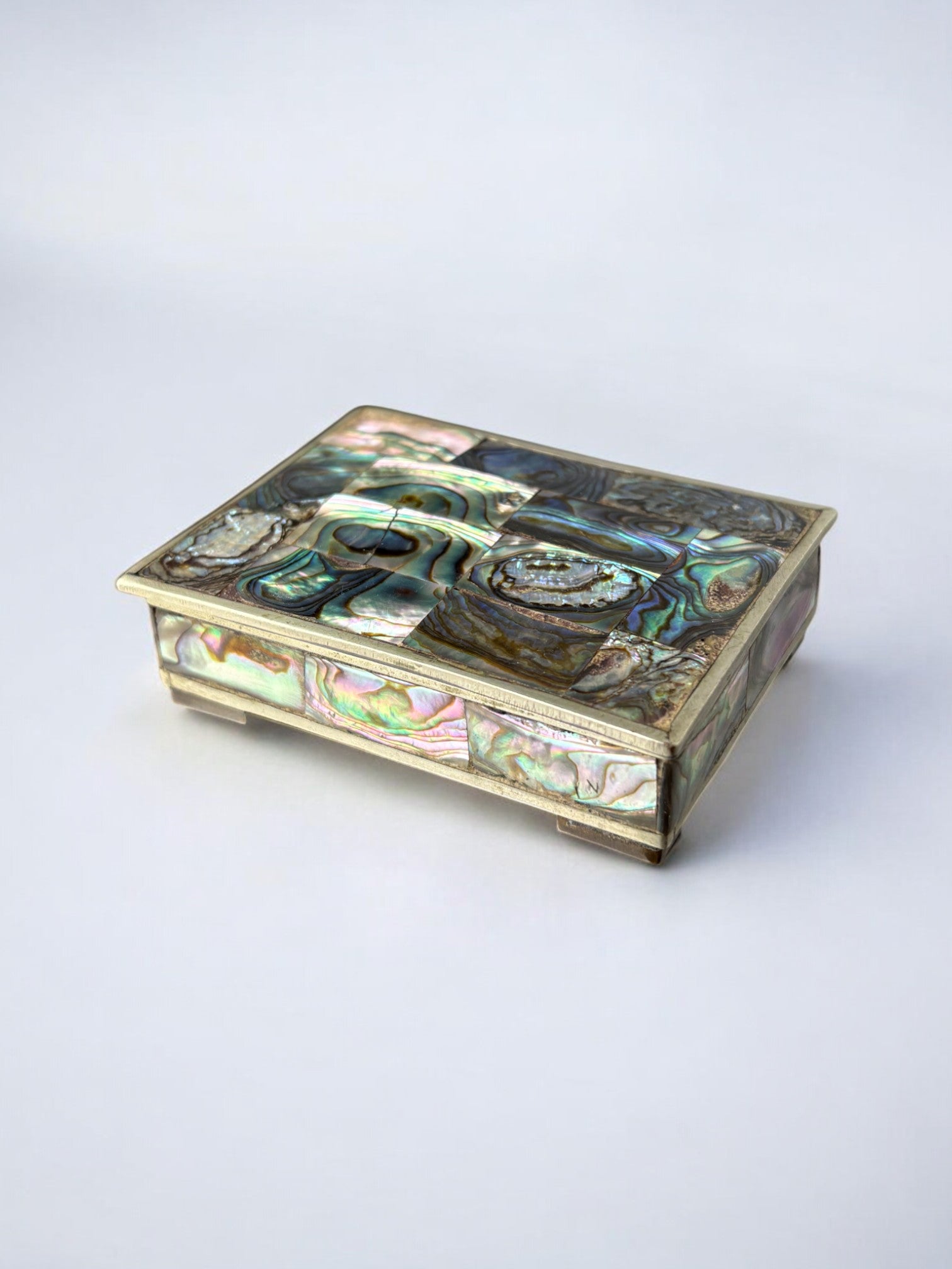 Abalone shell vanity box, Alpaca & wood, Mexico, 1970's