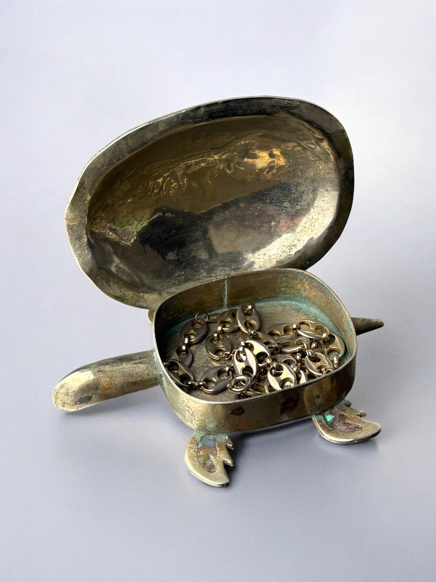 Abalone shell & alpaca silver turtle box, Mexico, 1970's