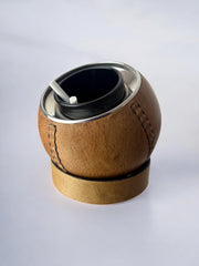 Circular cigarette box with support in leather, Spain, 1980's