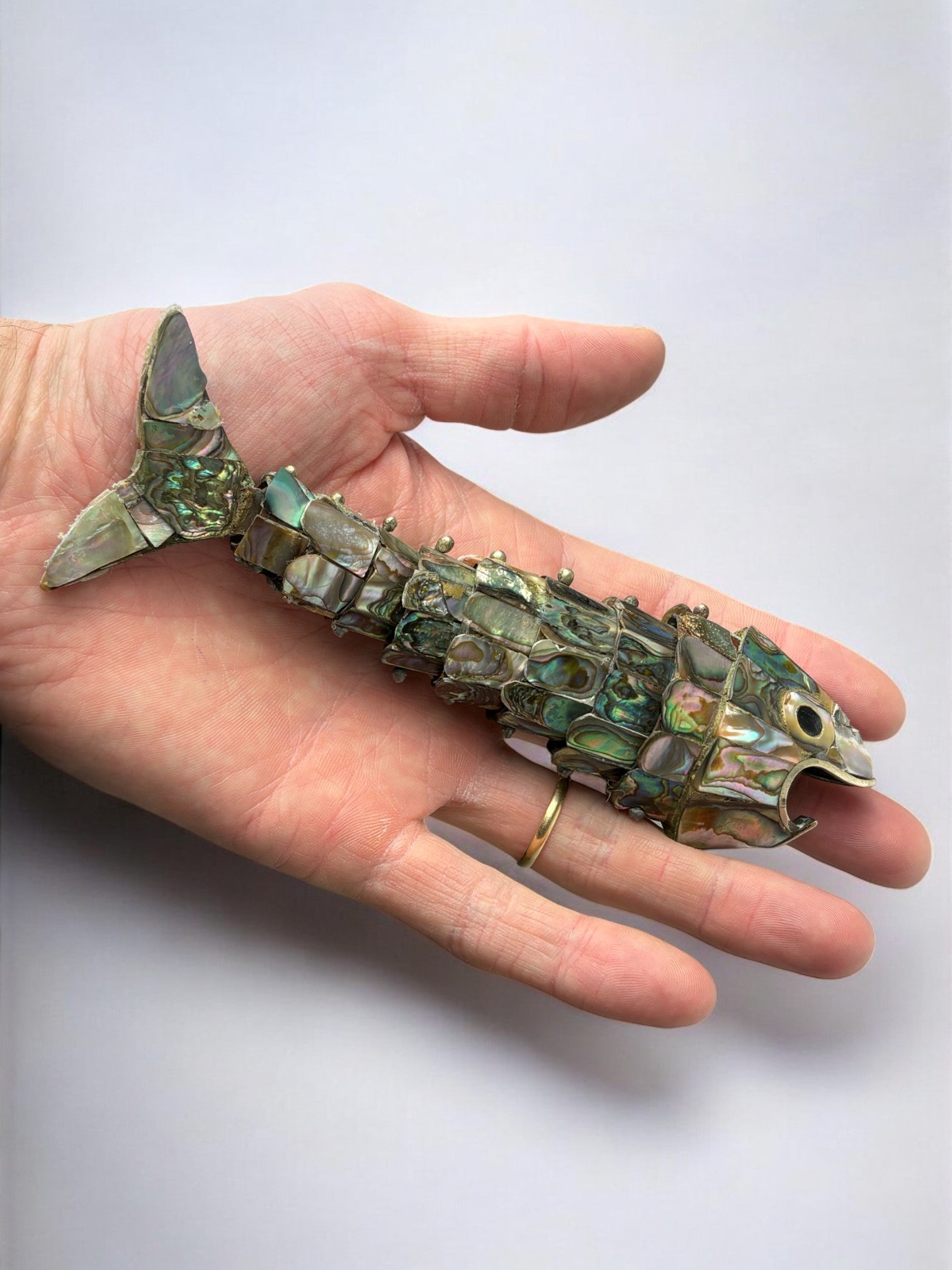Articulated Abalone shell and Brass Fish, Mexico, 1980's, 17 cm