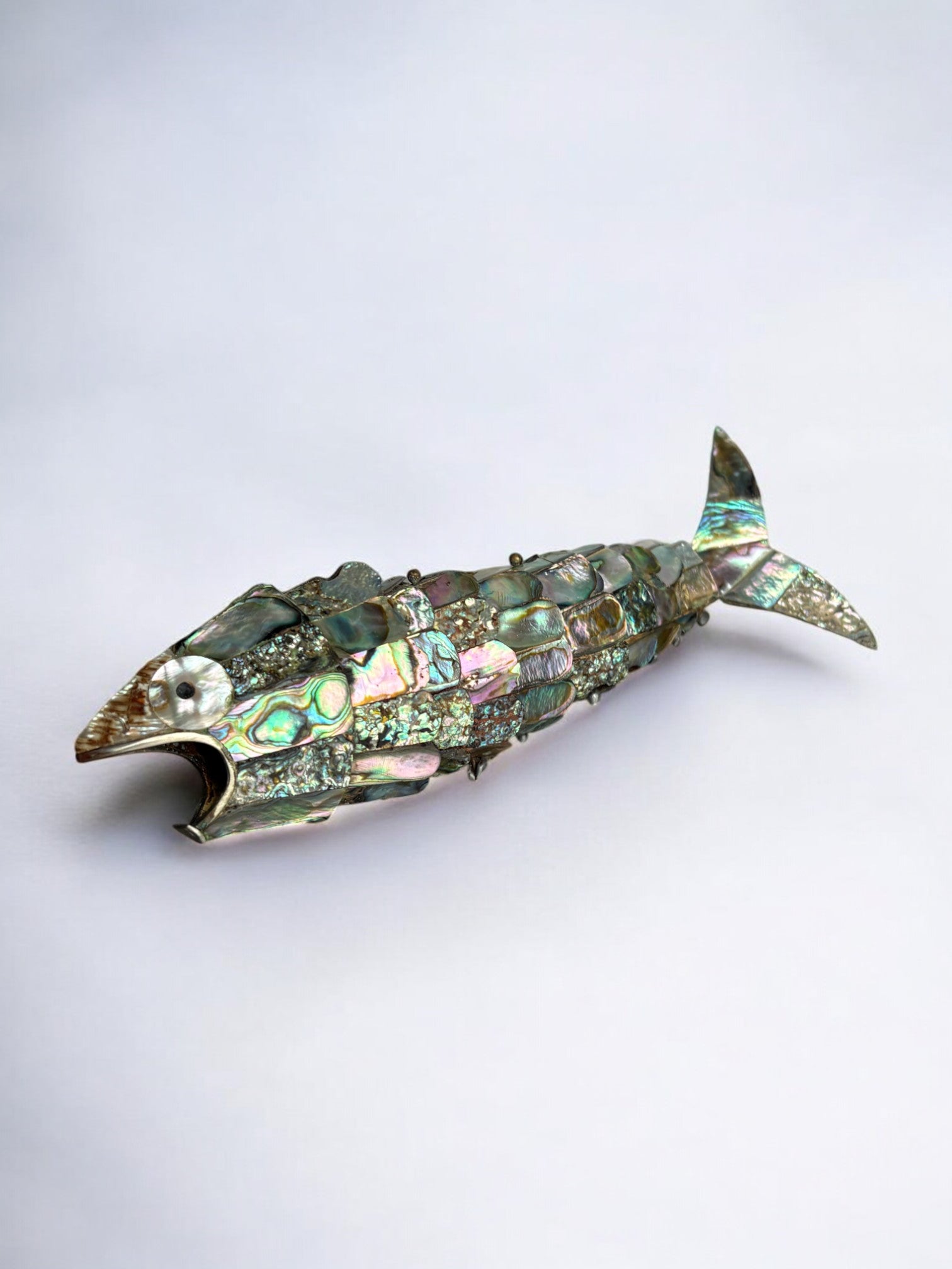 Articulated Abalone shell and Brass Fish, Mexico, 1980's, 18 cm