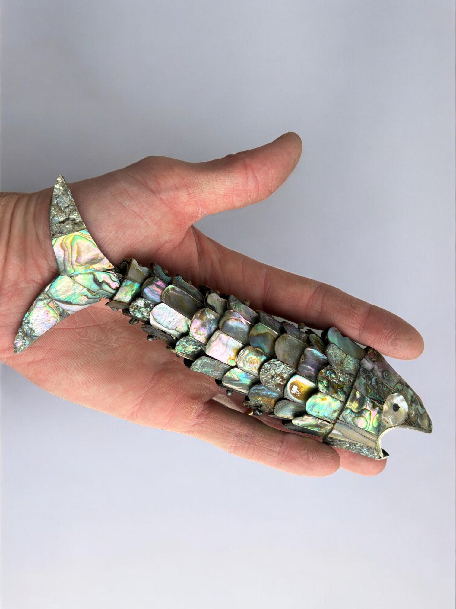 Articulated Abalone shell and Brass Fish, Mexico, 1980's, 18 cm