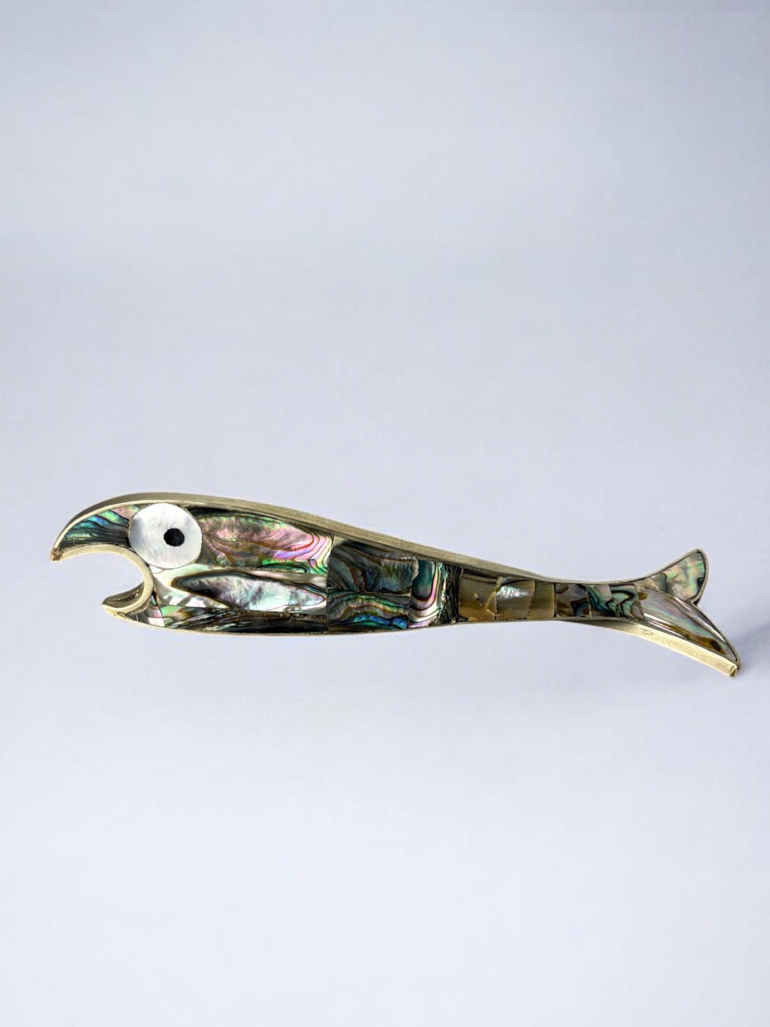 Fish bottle opener, Abalone shell & Alpaca, Mexico, 1980