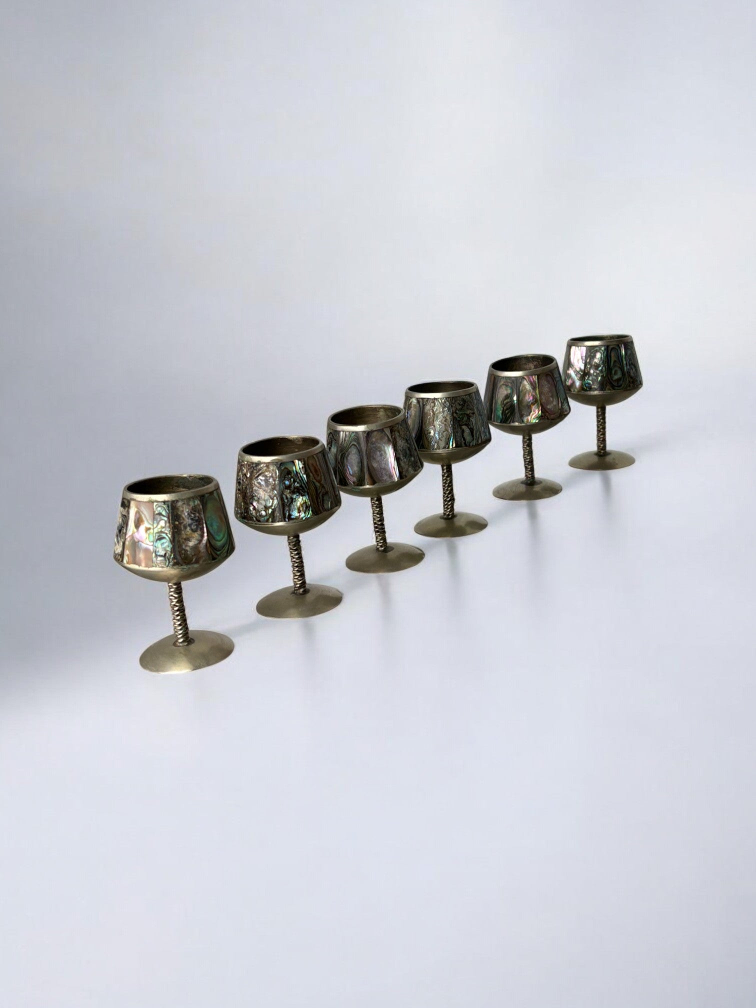 Abalone Shell & Alpaca Shot Glasses, set of 6,  Mexico, 1970